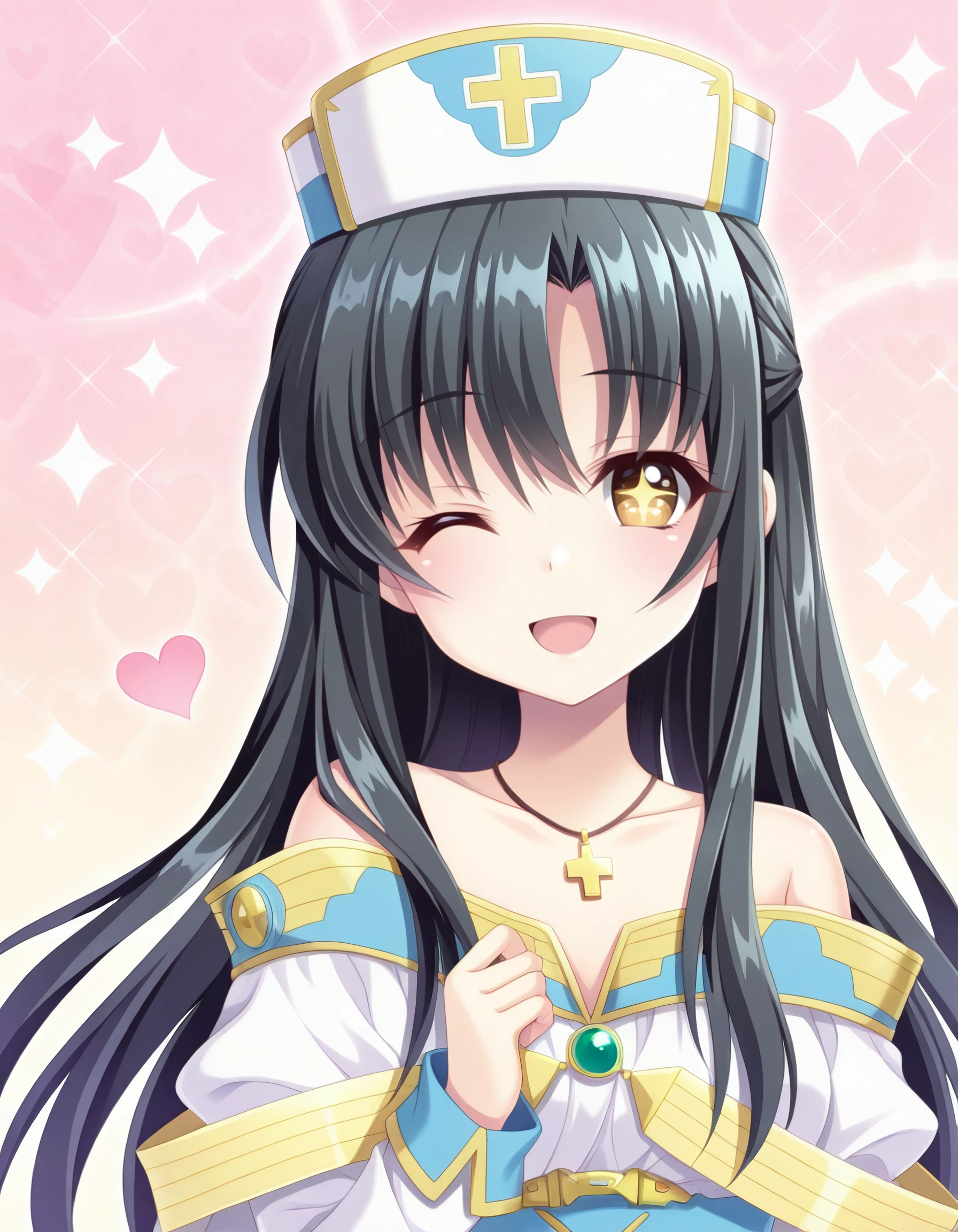 <lora:kaori_shirasaki_il:1> rating:safe, kaori_shirasaki, long_hair, black_hair, hat, brown_eyes, yellow_eyes, jewelry, necklace, long_sleeves, off_shoulder, robe, cross colorful, pastel_colors, heart, (izumi_tsubasu:1.1), 1girl, ;d, abstract_background, one_eye_closed, open_mouth, pastel_colors, pink_theme, smile, star-shaped_pupils, star_\(symbol\), symbol-shaped_pupils, yume_kawaii, masterpiece, detailed, best_quality