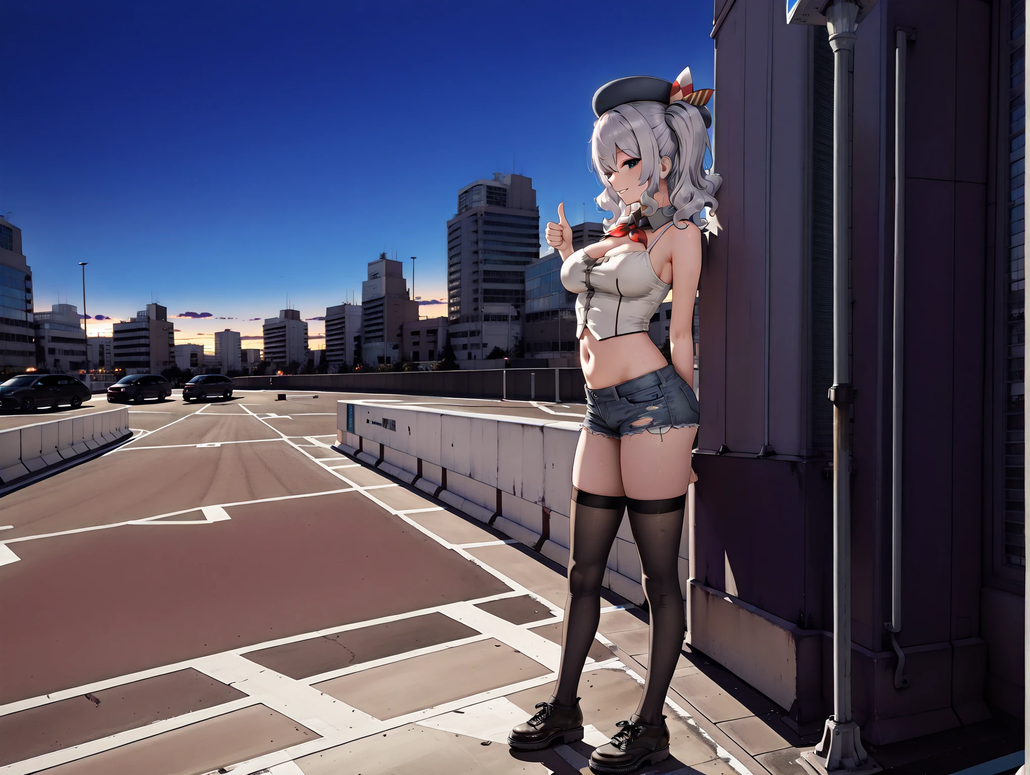 masterpiece,best quality,amazing quality,solo,1girl,
<lora:kashima_ilxl_v1.1:0.8>,kashima,k_hat,black beret,
<lora:Fixhands_anime_bdsqlsz_V1:1>,
<lora:H_S_area_ilxl_v1:1>,Service_area00,blue sky,
skyscrapers,road,building,street,traffic light,lamppost,from_above,looking_up,light_blush,grin,dusk,profile,from_back,looking_at_viewer,reaching,cutoffs,torn_shorts,crop_top,navel_cutout,doc_martens,black_thighhighs,city,expressionless,looking_away,profile,thumbs up,full body,standing,