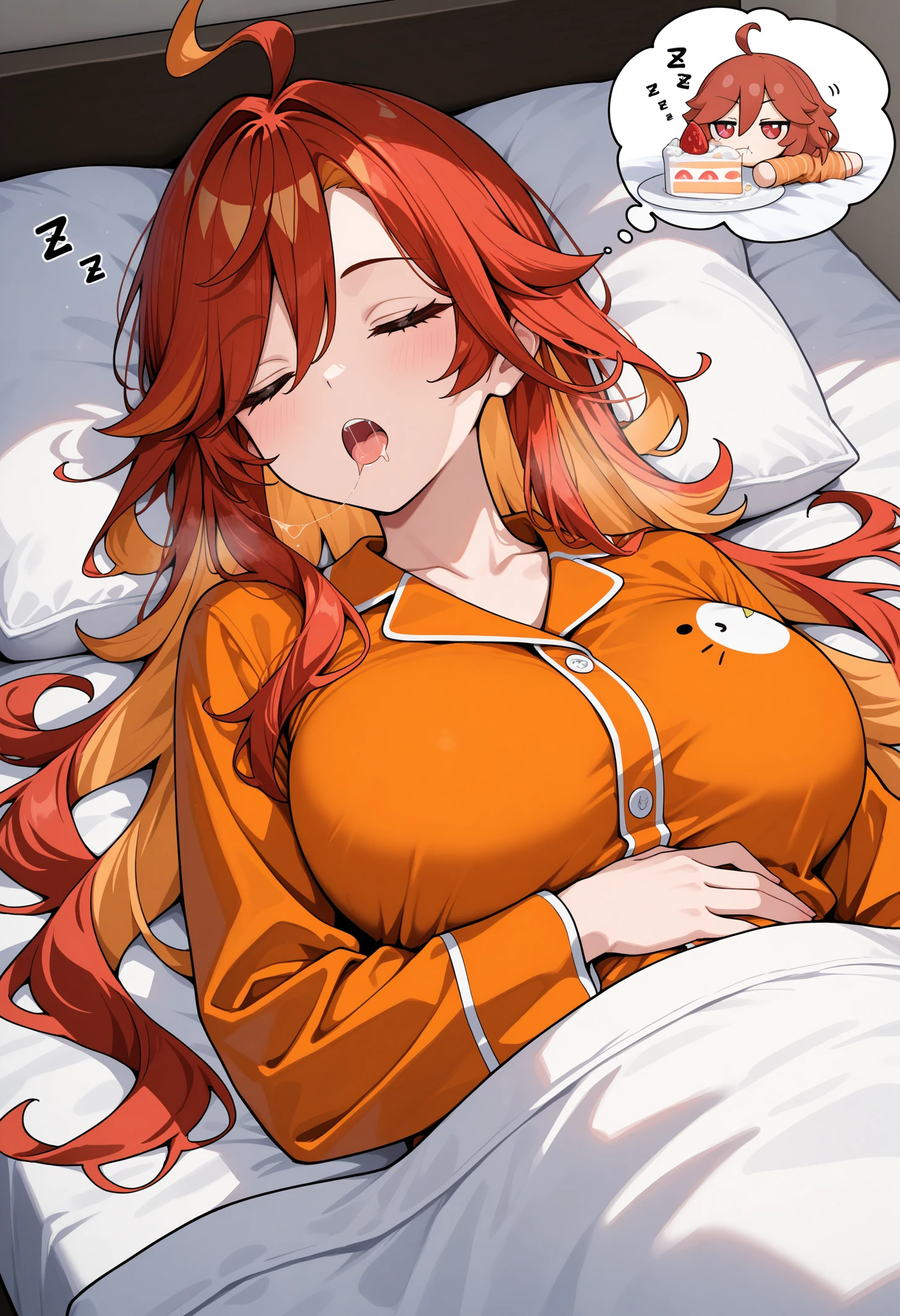 masterpiece, best quality, newest, absurdres, highres, 1girl, mavkRnd, symbol-shaped pupils, large breasts, red hair, long hair, ahoge, <lora:Mavuika_illusXLNoobAI_Incrs_v2-000009:1>, 
fumo \(doll\), orange pajamas, lying, on back, sleeping, open mouth, heavy sleeping, zzz, bed, bedroom, hand on own stomach, thought bubble, saliva, saliva trail, hugging object, cake, under covers, eating,