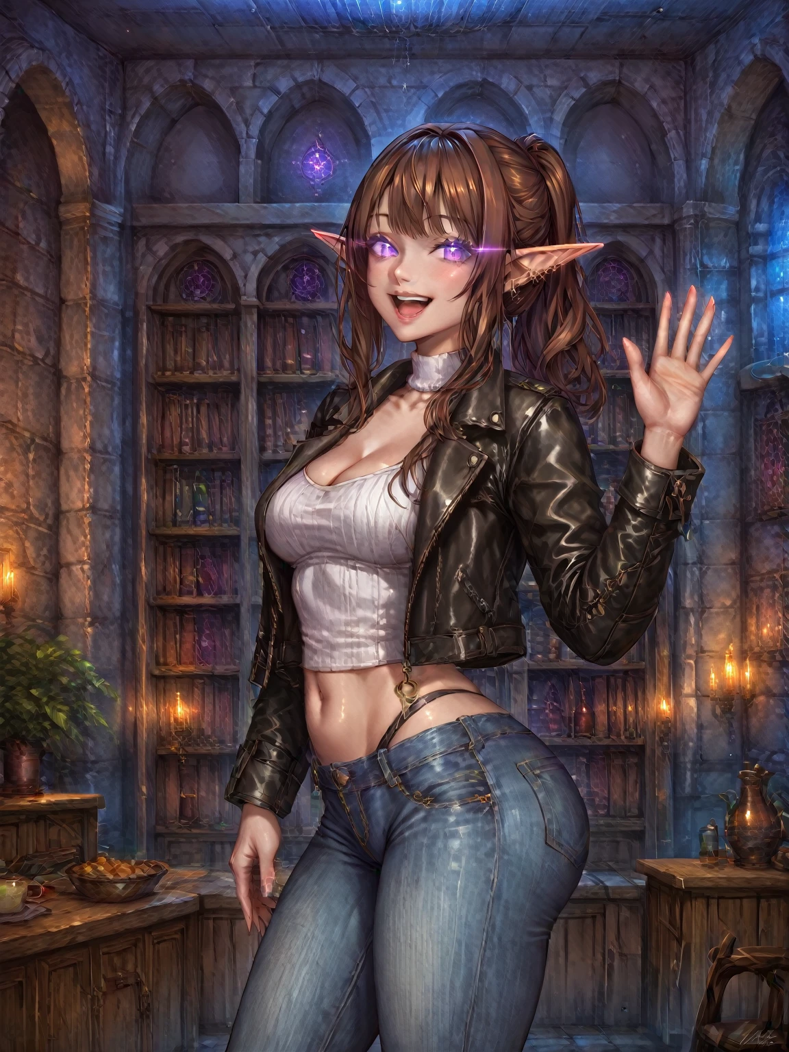 score_9, score_8_up, score_7_up, score_6_up, cindstyle, upper body, (hips:1.5), 1girl, leather jacket, jeans, denim jeans, brown hair, purple eyes, glowing eyes, happy, elf, pointed ears, indoors, dungeon, waving, from side, (portrait), detailed background, Hyperdetailed, Extreme Detail, 4K Resolution, Masterpiece, Best Quality <lora:Cinders_Visual_Novel_Style_-_RealmRabbit-000029:1.1>