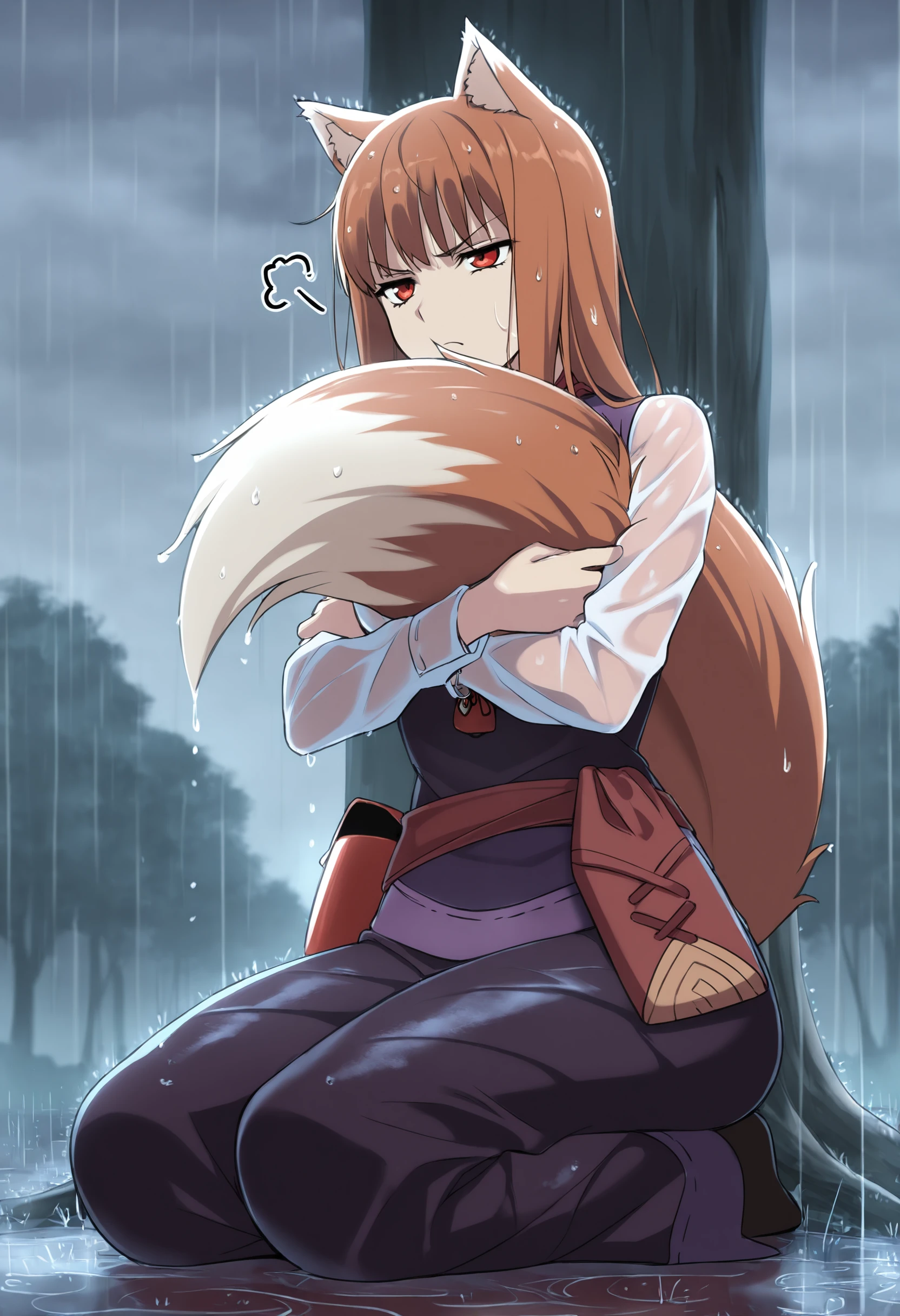 masterpiece, best quality, highly detailed, heavy-rain, rain, wet, cloudy, dark, wet clothes, wet hair, holo, hugging tail, under tree, sitting,neck pouch, fur-trimmed vest, annoyed, sash, seiza
<lora:Rain (Illustrious) v1:1>