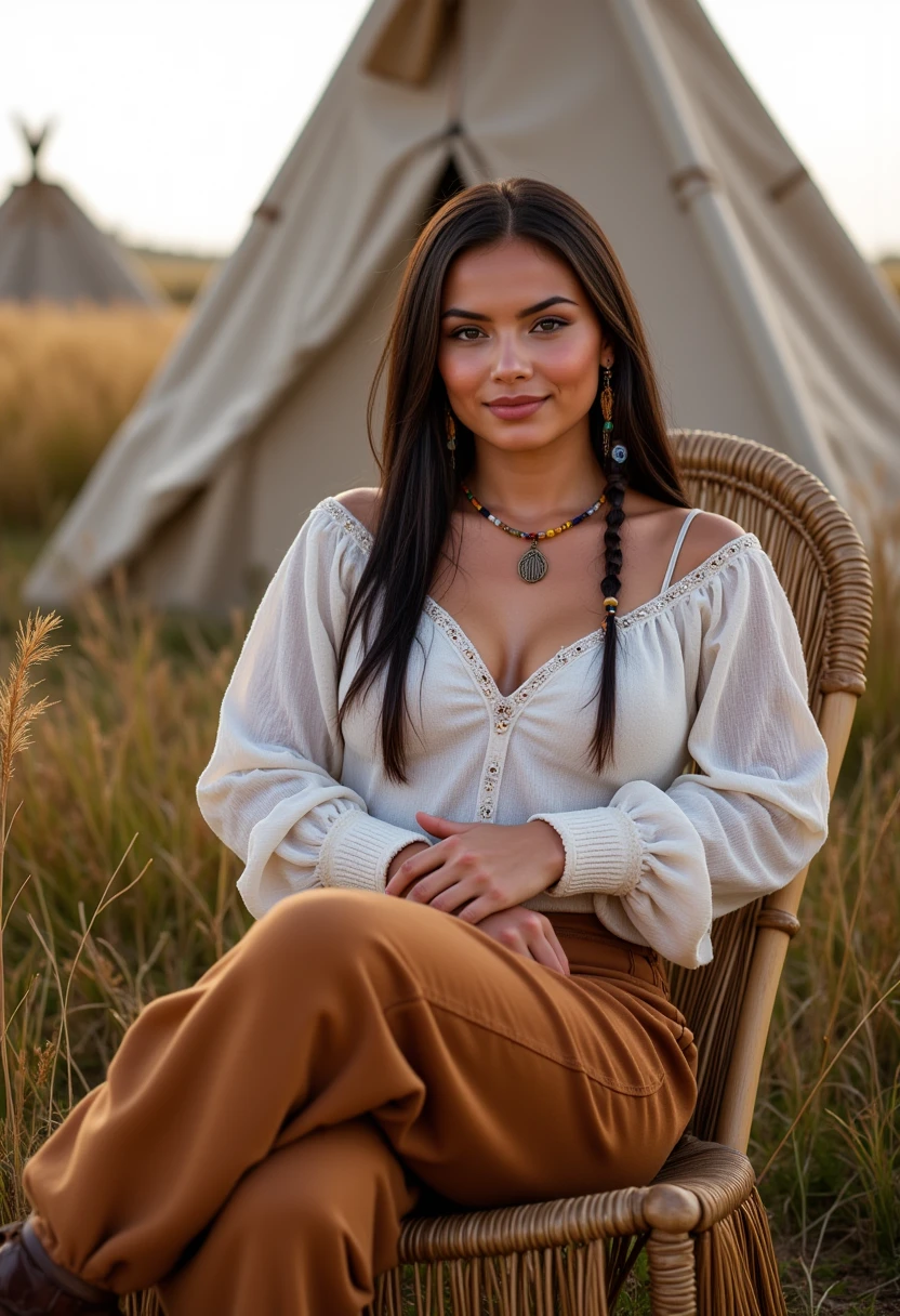 She is approximately 18 years old. Hyperrealism, she is looking at the camera, (dynamic angles), profile headshots of a beautiful, stunning unique female character. she has braid dark hair. her eyes are filled with joy and excitement, extravagant eyelashes. a photo of Maid3n, she is wearing a white frilly shirt. and buckskin pants. The woman is posing confidently. a tipi and tall grass in the background. She has a slight smile on her face and is looking directly at the camera. making this image a masterpiece of photography and digital art. realistic. making this image a masterpiece of photography and digital art. Style: realistic hyper-detailed rendering, 32k UHD, expressive eyes, punk, graphic design, girl's face, pretty and cute, gleaming lips, telling a tale of adventure. Exuding confidence and serenity. The overall mood of the image is happy and relaxed,detailed skin texture,(blush:0.2),(goosebumps:0.3),subsurface scattering,whimsical,Detailed hand, Perfect hand. Perfection style. is posing in a chair. she is wearing brown leather boots. She is wearing a white shirt and brown buckskin pants. The scene is set outdoors, there is a tipi visible in the background. The photo is taken in a close-up shot, focusing on Maid3n legs and feet.. making this image a masterpiece of photography and digital art. realistic. making this image a masterpiece of photography and digital art. Style: realistic hyper-detailed rendering, 32k UHD, expressive eyes, punk, graphic design, girl's face, pretty and cute, gleaming lips, telling a tale of adventure. Exuding confidence and serenity. The overall mood of the image is happy and relaxed,detailed skin texture,(blush:0.2),(goosebumps:0.3),subsurface scattering,whimsical,Detailed hand, Perfect hand. Perfection style.