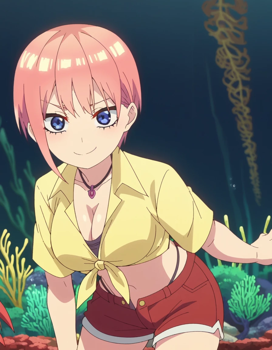 score_9, score_8_up, score_7_up, source_anime, <lora:ichika-nakano-honeymoon-ponyxl-lora-nochekaiser:1>, ichika nakano, short hair, bangs, blue eyes, pink hair, large breasts, anime screencap, shirt, navel, cleavage, jewelry, shorts, midriff, necklace, yellow shirt, red shorts, tied shirt,, seafloor, coral, fish, underwater, blue, , bent over, smug,, looking at viewer, solo,, cowboy shot