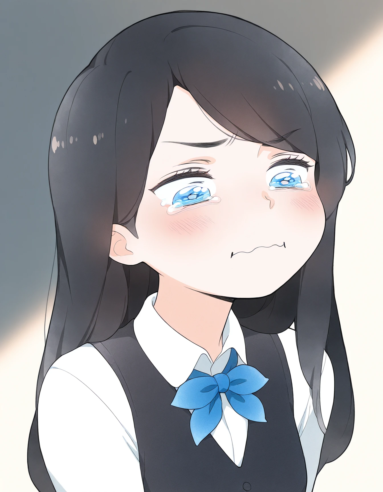 masterpiece, best quality, amazing quality, very aesthetic, high resolution,
Polina_Morozova, school uniform, black long hair, blue eyes, white shirt, black vest, blue bow on the neck,aquacrying, wavy mouth, closed mouth, tearing up, masterpiece, best quality, portrait, <lora:meme_aquacrying_illustriousXL:1>
 <lora:Polina_Morozova_illustriousXL:0.9>