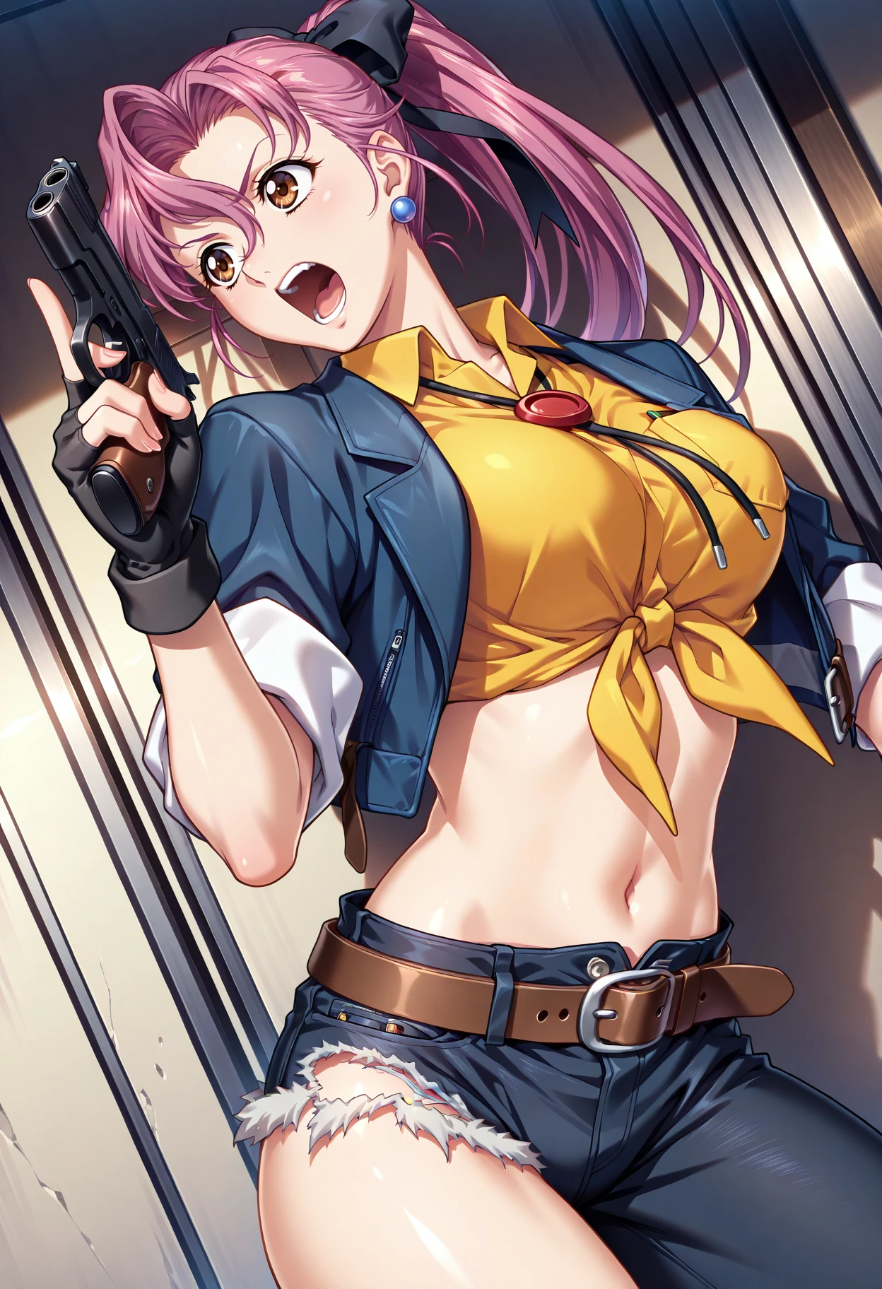 masterpiece, Best Quality,top-quality,{{{Daiwa Scarlet \Umamusume}}},{{{Twin-tailed}}},very long twintails,horse ear,Brown hair,tiarra,{{{Tiara on the head}}},Red eyes,Glaring at viewers,Great backlight,Red Bikini,Black leather jumper,Very short blue denim,Big,1人,Shoot guns at viewers,{{{Shooting Pose}}},{{{Long gun}}},Face Focus,Empty city center,{{{Midnight}}}