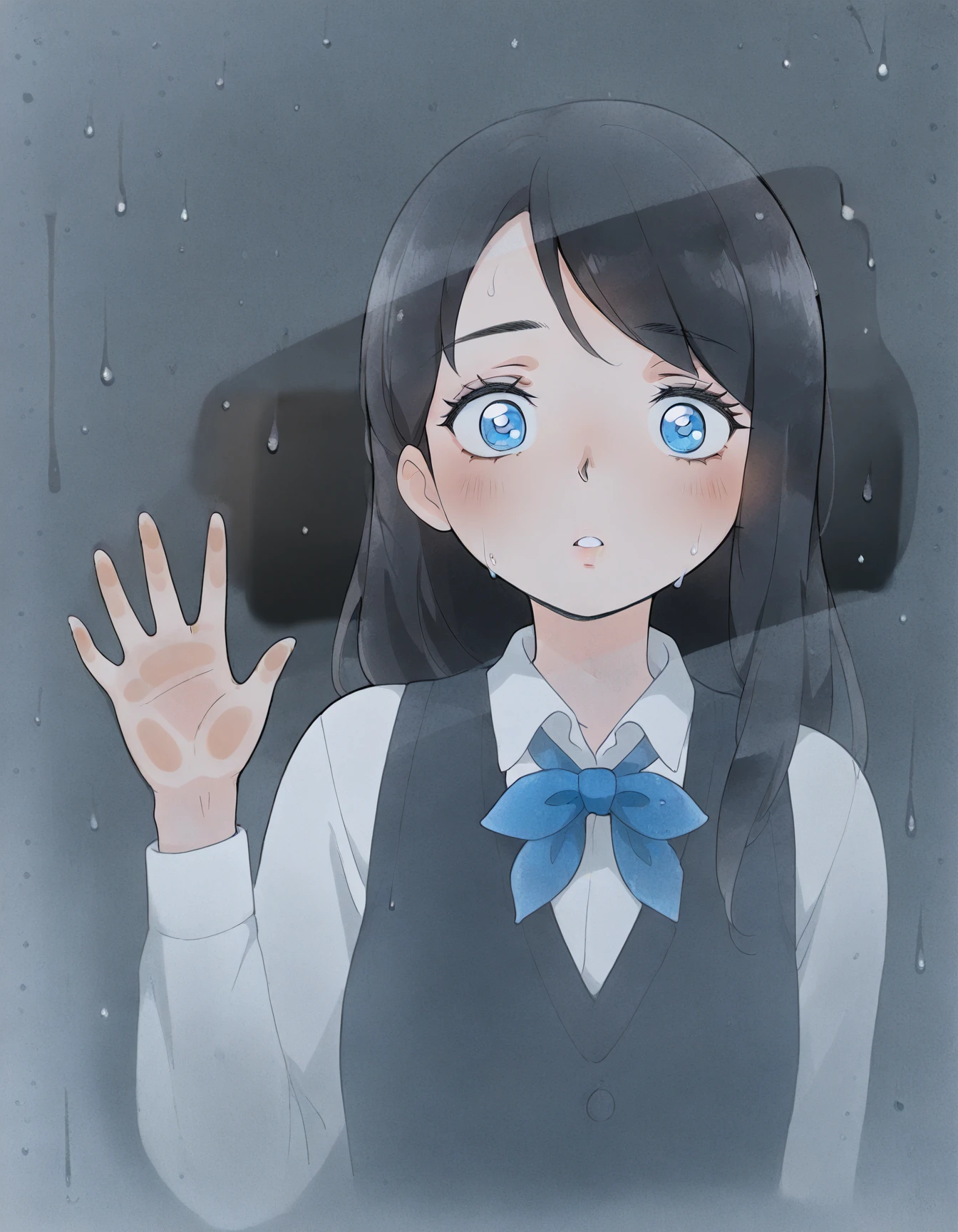 masterpiece, best quality, amazing quality, very aesthetic, high resolution,
Polina_Morozova, school uniform, black long hair, blue eyes, white shirt, black vest, blue bow on the neck, condensation, hand on glass, blurry, water drop, snowing, mascara
<lora:glass_fog_wiping_il_d32:1>
<lora:Polina_Morozova_illustriousXL:0.9>