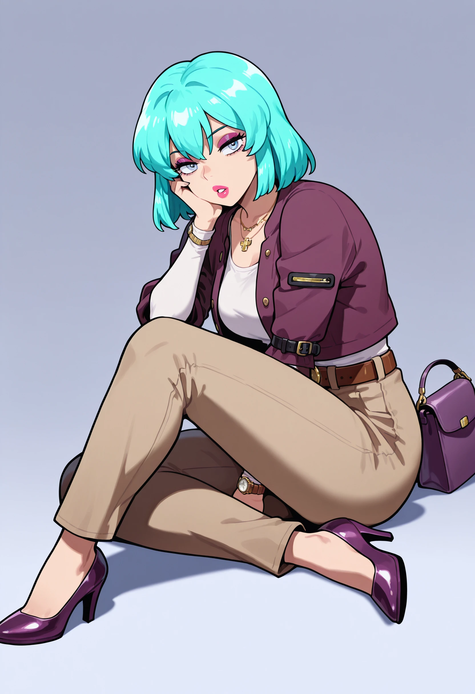 1girl, mature woman, negaposianglerice, aqua hair, bluegrey eyes, eyeshadow, lipstick, medium breasts, medium hair, professional photoshooting, open hair,light brown pants, jacket, sitting, heels, handbag, on floor, necklace, elbow on knee, slit sleeve, long sleeves, flat hair, simple background,jacket, belt, pants, necklace, bag, watch, handbag, parted lips, lipstick, lips, (light lavendel shoes:1.3), belt, wristwatch, necklace, open hair, medium hair, bluegrey eyes, golden watch, purple handbag,one hand on own cheek, hand between legs,, masterpiece,best quality,absurdres, amazing quality,
