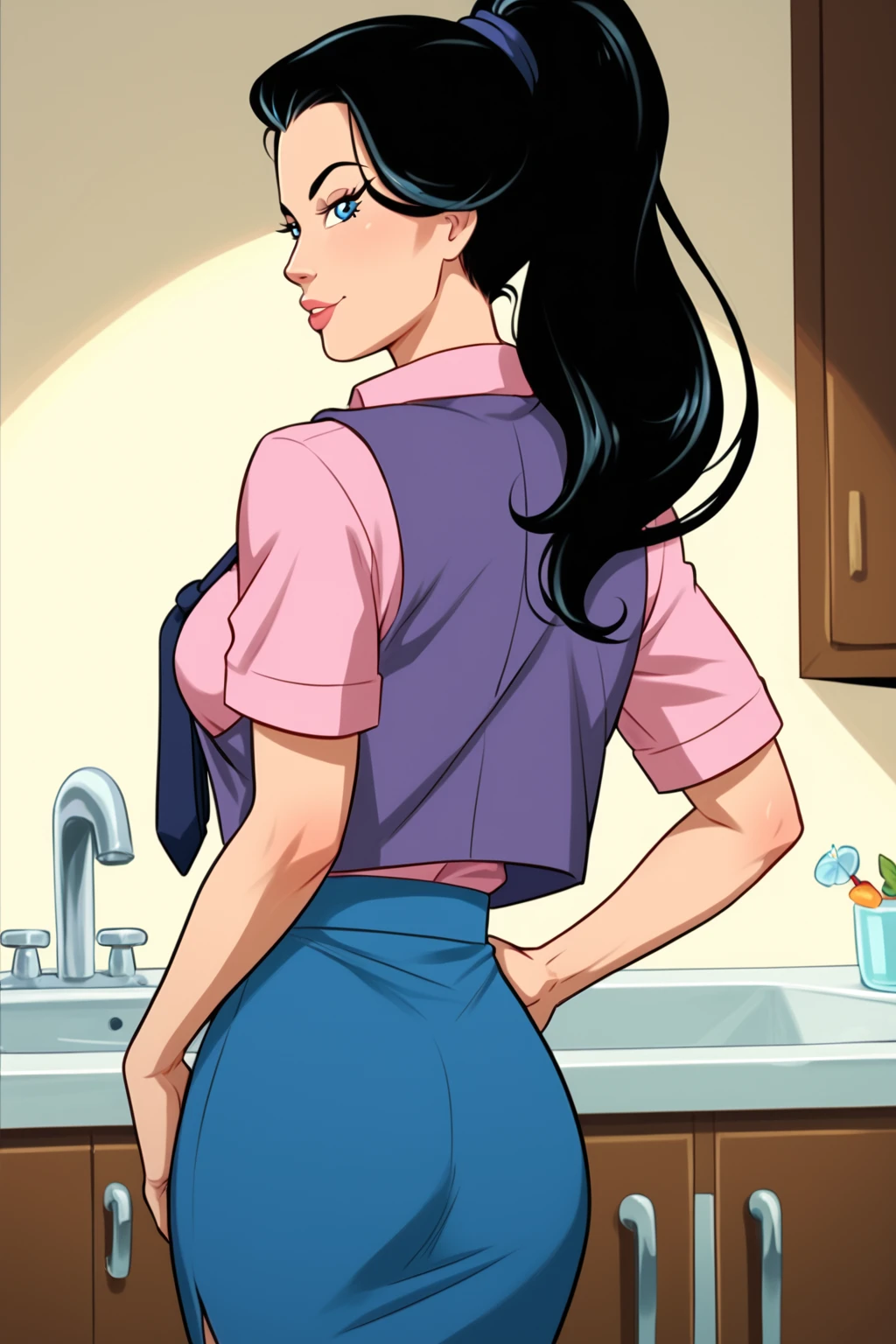 PonyXLV6_Scores BREAK ((retro artstyle), perfect anatomy, perfect eyes, cowboy shot) <lora:add_details_xl:0.8> BREAK <lora:Spider-Woman_-_Marvel_Animation:0.8> jessica drew, long hair, black hair, blue eyes, flirting raised eyebrow, ((looking back at viewer)), ponytail, vest, shirt, necktie, skirt, large breasts, curvy, toned, athletic, seductive pose, standing, hands on hip, indoors
