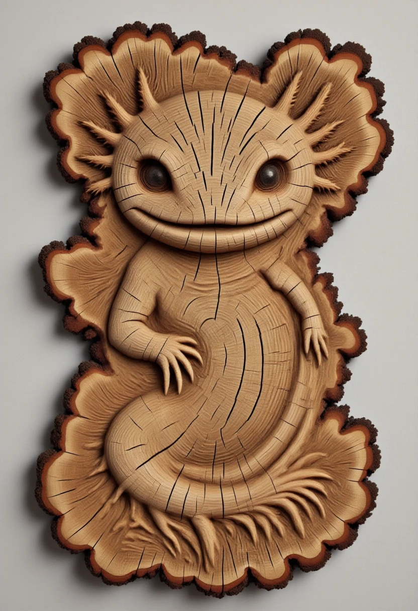 <lora:Tree_Ring_Trunkator_FLUX:0.9> <lora:axomodelv2:0.9>
The image is a photograph showcasing a detailed wooden carving of the face of an axolotl, crafted from a tree trunk.