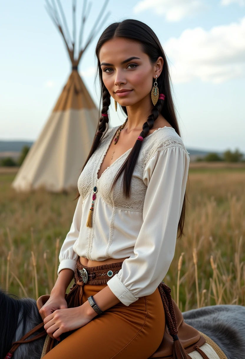 She is approximately 18 years old. Hyperrealism, she is looking at the camera, (dynamic angles), profile headshots of a beautiful, stunning unique female character. she has braid dark hair. her eyes are filled with joy and excitement, extravagant eyelashes. a photo of Maid3n, she is wearing a white frilly shirt. and buckskin pants. The woman is posing confidently. a tipi and tall grass in the background. She has a slight smile on her face and is looking directly at the camera. making this image a masterpiece of photography and digital art. realistic. making this image a masterpiece of photography and digital art. Style: realistic hyper-detailed rendering, 32k UHD, expressive eyes, punk, graphic design, girl's face, pretty and cute, gleaming lips, telling a tale of adventure. Exuding confidence and serenity. The overall mood of the image is happy and relaxed,detailed skin texture,(blush:0.2),(goosebumps:0.3),subsurface scattering,whimsical,Detailed hand, Perfect hand. Perfection style. is posing on a grey horse. she is wearing brown leather boots. She is wearing a white shirt and brown buckskin pants. The scene is set outdoors, there is a tipi visible in the background. The photo is taken in a close-up shot, focusing on Maid3n legs and feet.. making this image a masterpiece of photography and digital art. realistic. making this image a masterpiece of photography and digital art. Style: realistic hyper-detailed rendering, 32k UHD, expressive eyes, punk, graphic design, girl's face, pretty and cute, gleaming lips, telling a tale of adventure. Exuding confidence and serenity. The overall mood of the image is happy and relaxed,detailed skin texture,(blush:0.2),(goosebumps:0.3),subsurface scattering,whimsical,Detailed hand, Perfect hand. Perfection style.