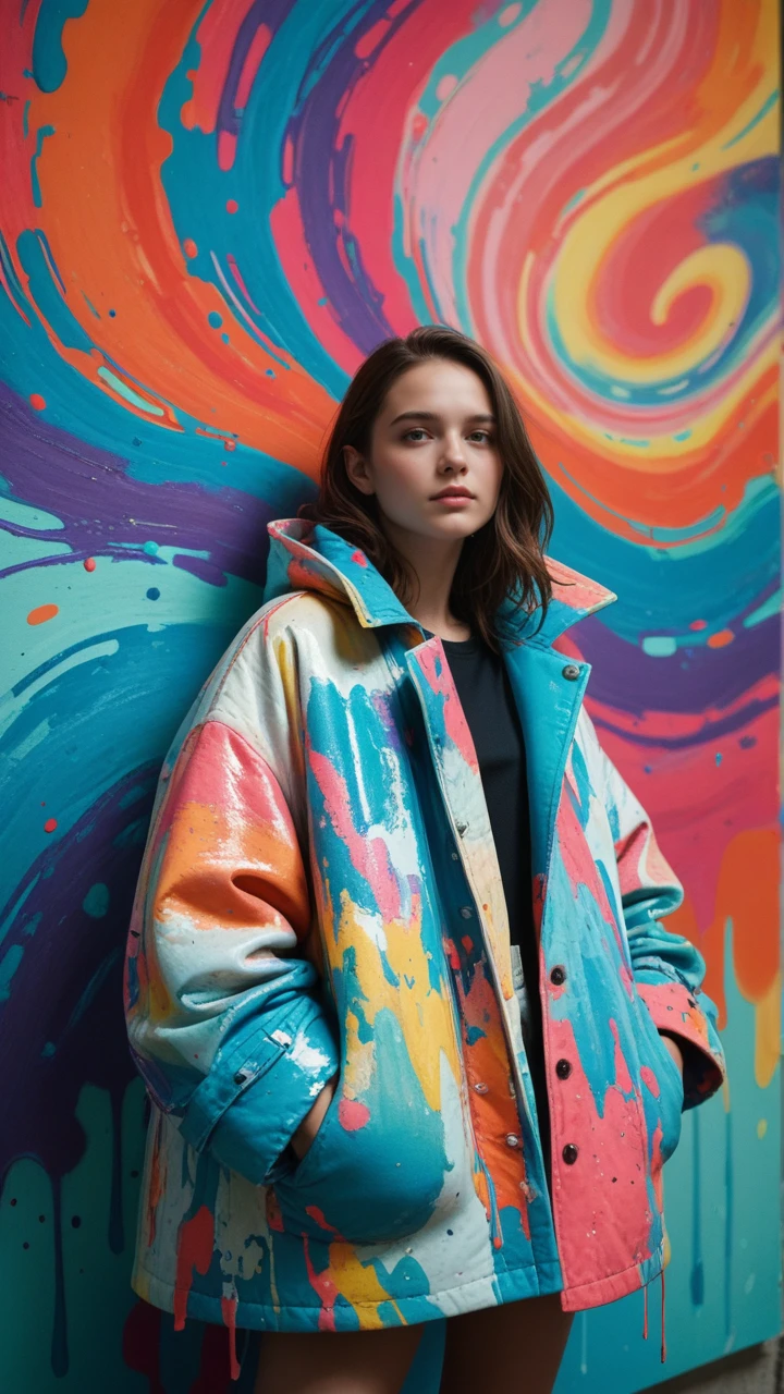 score_9, score_8_up, score_7_up, score_6_up, score_5_up, score_4_up, a woman, stands in an art studio filled with abstract sculptures and colorful paint splashes on the walls. She wears a sculptural, oversized coat with bold patterns, and her expression is intense, mirroring the creativity and rawness of the surroundings, highly detailed
