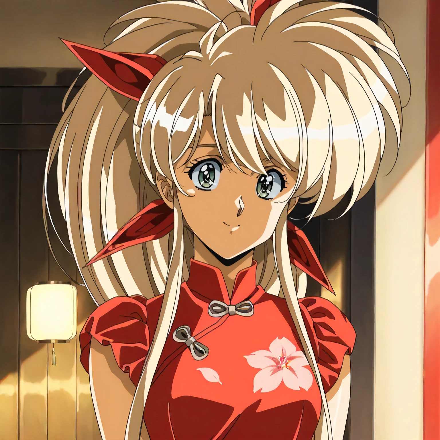 <lora:FI_fayeXLIllustrious002>,
masterpiece,best quality,good quality,newest,
detailed background,
smile,
looking at viewer,
solo,
anime coloring,retro artstyle,
faye\(front_innocent\),1girl,blonde hair,high ponytail,red hairbow,very long sidelocks,green eyes,
standing,
print_cheongsam,