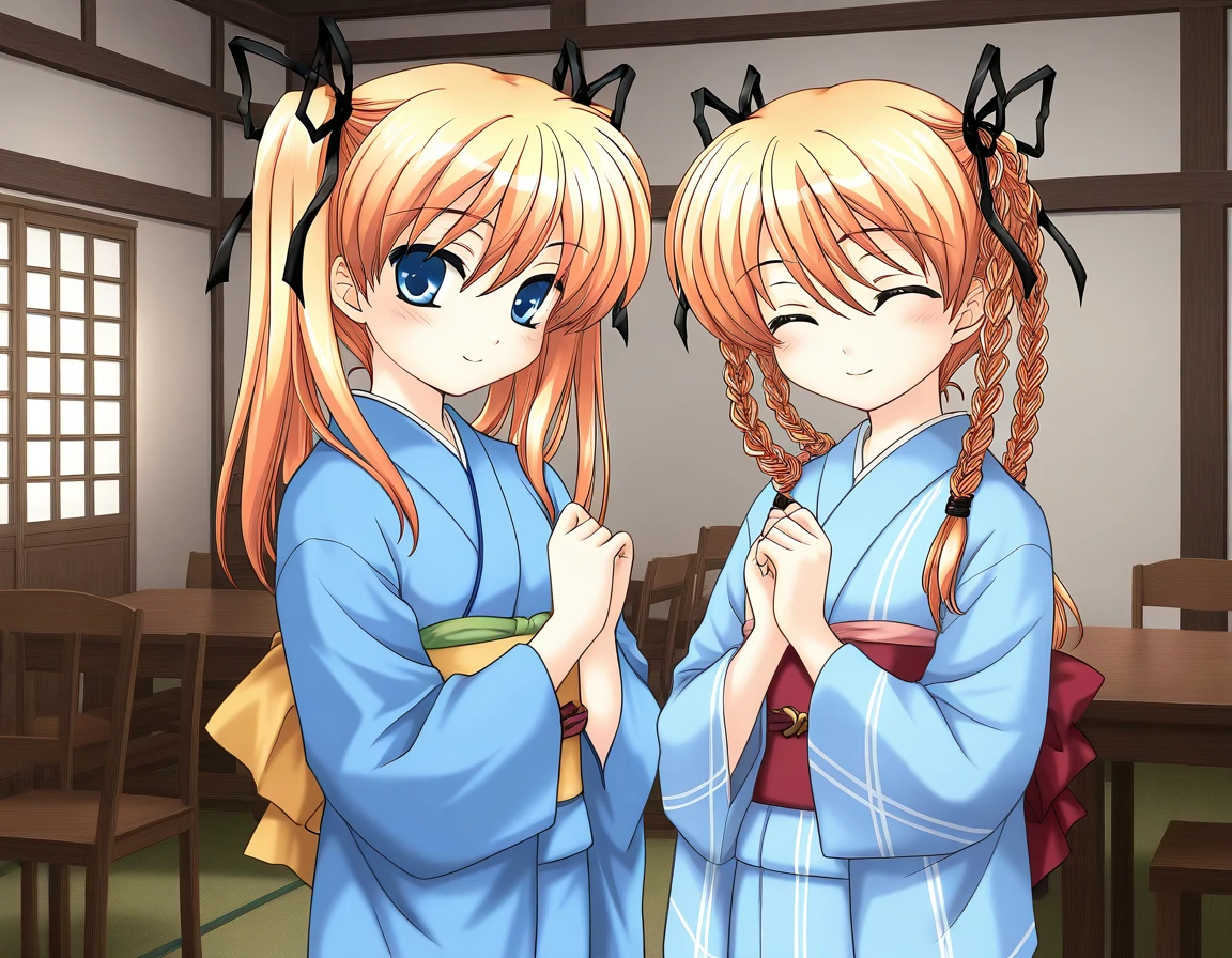 general,highres, ultra-detailed,very aesthetic,best quality ,best hands,  BREAK <lora:Itsukiï¼Imi_IS:1>ãItsukiï¼Imi, 
multiple girls, 2girls, japanese clothes, blue kimono, braid, siblings, twin braids, twintails, closed eyes, ribbon, yukata, long sleeves, blue kimono, sash, smile, obi, blush, own hands together short stack, looking at viewer, cowboy_Shot, room, chair, red carpetm