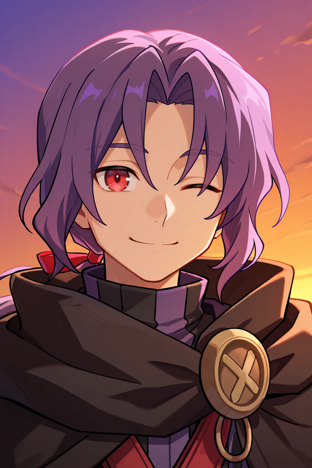 <lora:RussellIL:0.8> , rusdef, 1boy, red eyes, purple hair, long hair, ponytail, low ponytail, hair ribbon, black cloak, cape, striped tunic, tunic, facing left, ((face, close-up)), portrait, smile, evening, winking, looking at viewer, masterpiece, very aesthetic, absurdres, best quality, amazing quality, high resolution, <lora:illustrious_quality_modifiers_masterpieces_v1:0.8> , <lora:ChamIllustriousBackgroundEnhancer:0.5>,  solo,