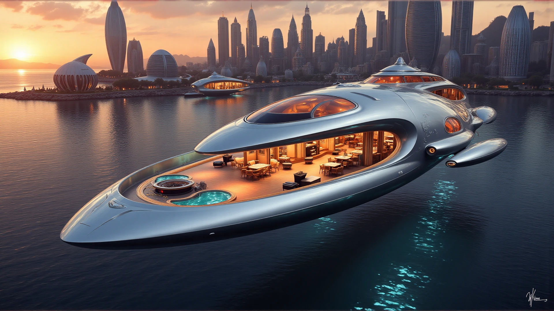retro50s_style, A luxurious, silver retrofuturistic flying yacht with a spacious deck, swimming pool, and large windows, cruising above a futuristic coastal city, rounded skyscrapers, warm evening light, reflections on the water and metallic surfaces, highly detailed, digital painting, artstation, concept art, inspired by luxury yachts and 1960s futurism.