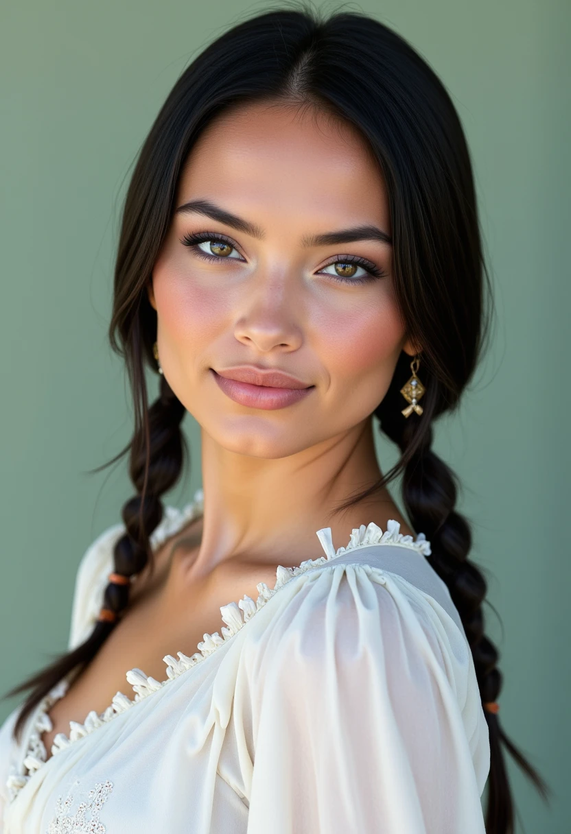 She is approximately 18 years old. Hyperrealism, she is looking at the camera, (dynamic angles), profile headshots of a beautiful, stunning unique female character. she has braid dark hair. her eyes are filled with joy and excitement, extravagant eyelashes. a photo of Maid3n, she is wearing a white frilly shirt. The woman is posing confidently. simple sage green colored background. She has a slight smile on her face and is looking directly at the camera. making this image a masterpiece of photography and digital art. realistic. making this image a masterpiece of photography and digital art. Style: realistic hyper-detailed rendering, 32k UHD, expressive eyes, punk, graphic design, girl's face, pretty and cute, gleaming lips, telling a tale of adventure. Exuding confidence and serenity. The overall mood of the image is happy and relaxed,detailed skin texture,(blush:0.2),(goosebumps:0.3),subsurface scattering,whimsical,Detailed hand, Perfect hand. Perfection style.