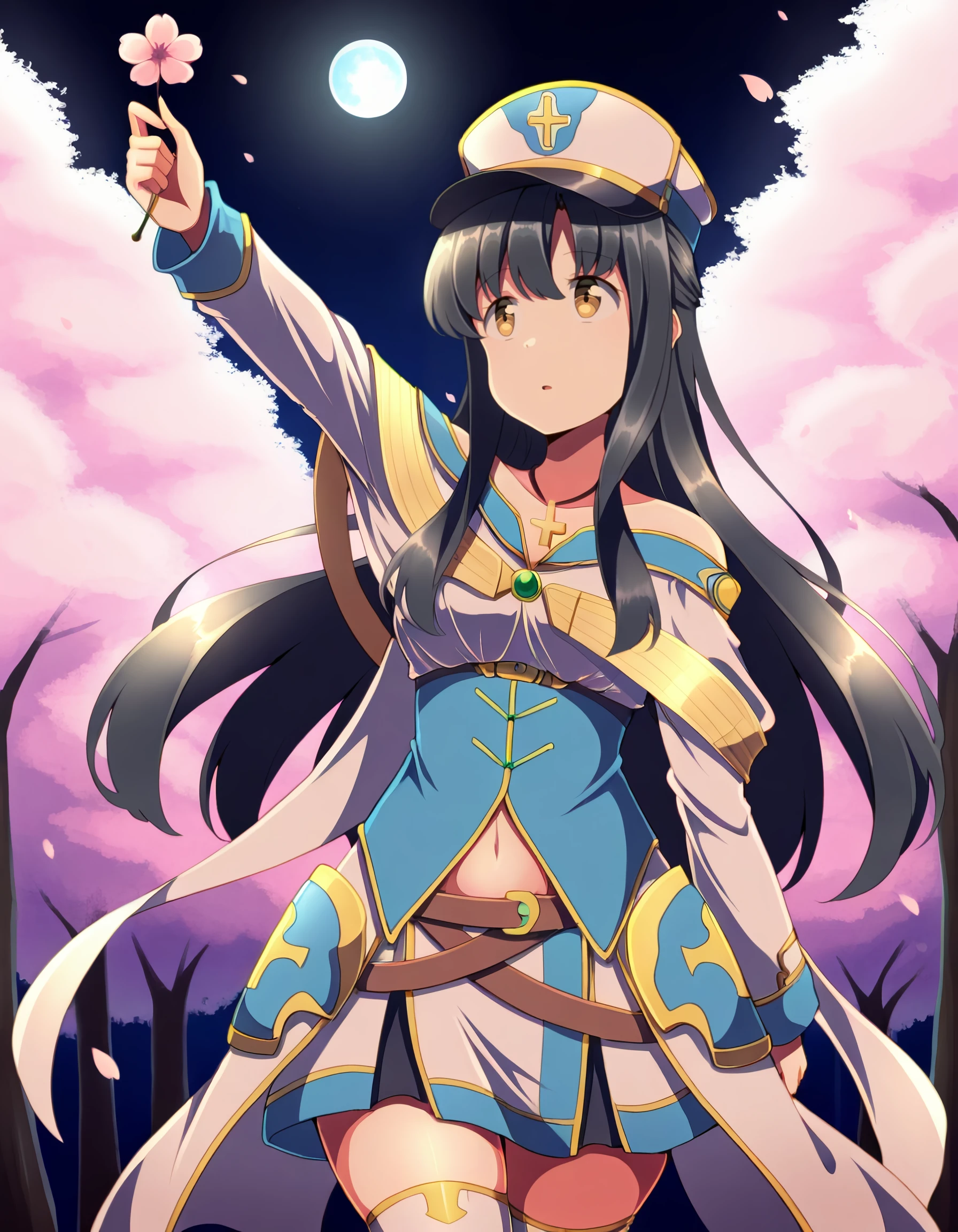 <lora:kaori_shirasaki_il:1> rating:safe, kaori_shirasaki, long_hair, black_hair, hat, brown_eyes, yellow_eyes, jewelry, necklace, long_sleeves, off_shoulder, robe, cross dark, shadow, spotlight, (kuromiya:1.2), (1970s_\(style\)), 1girl, arm_up, cherry_blossoms, cowboy_shot, falling_petals, flower, holding, midriff_peek, moon, navel_peek, night, night_sky, outdoors, peaked_cap, petals, sky, solo, standing, thighhighs, white_thighhighs, zettai_ryouiki,  masterpiece, detailed, best_quality