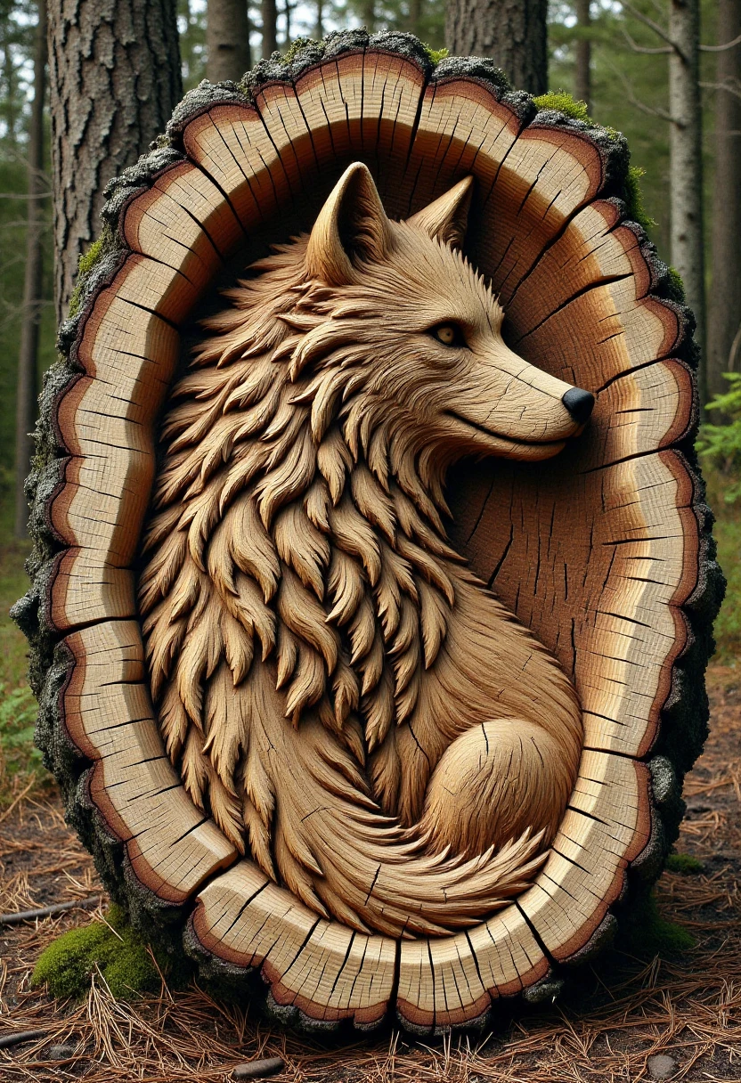 <lora:Tree_Ring_Trunkator_FLUX:0.9>
Photograph of a highly detailed, intricately carved wooden sculpture of a beautiful wolf, set within the hollow of a tree stump