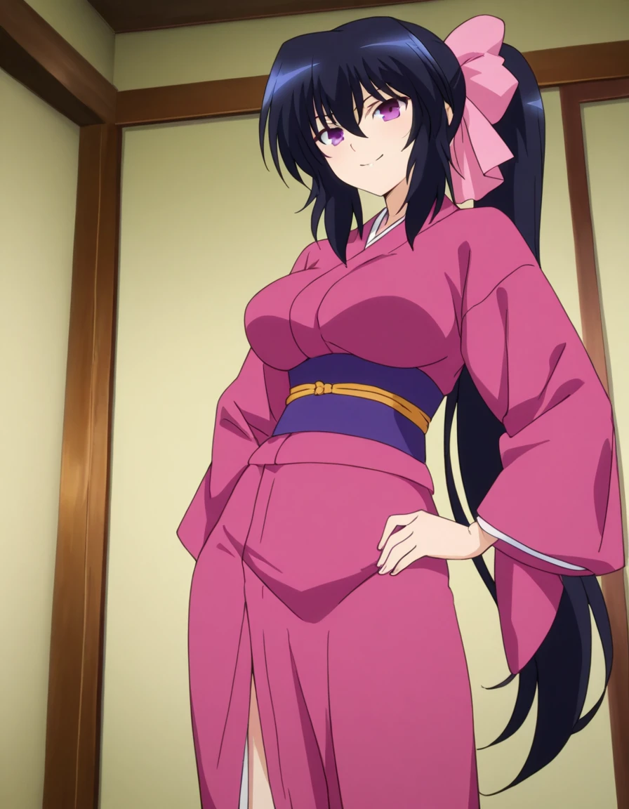 masterpiece,best quality, good quality,anime screenshot,
,1girl,indoors
evil smile, closed mouth
kimono,legs
<lora:ill-omamori-himari:1>Noihara himari,large breasts,black hair,purple eyes,ponytail,hair bow
