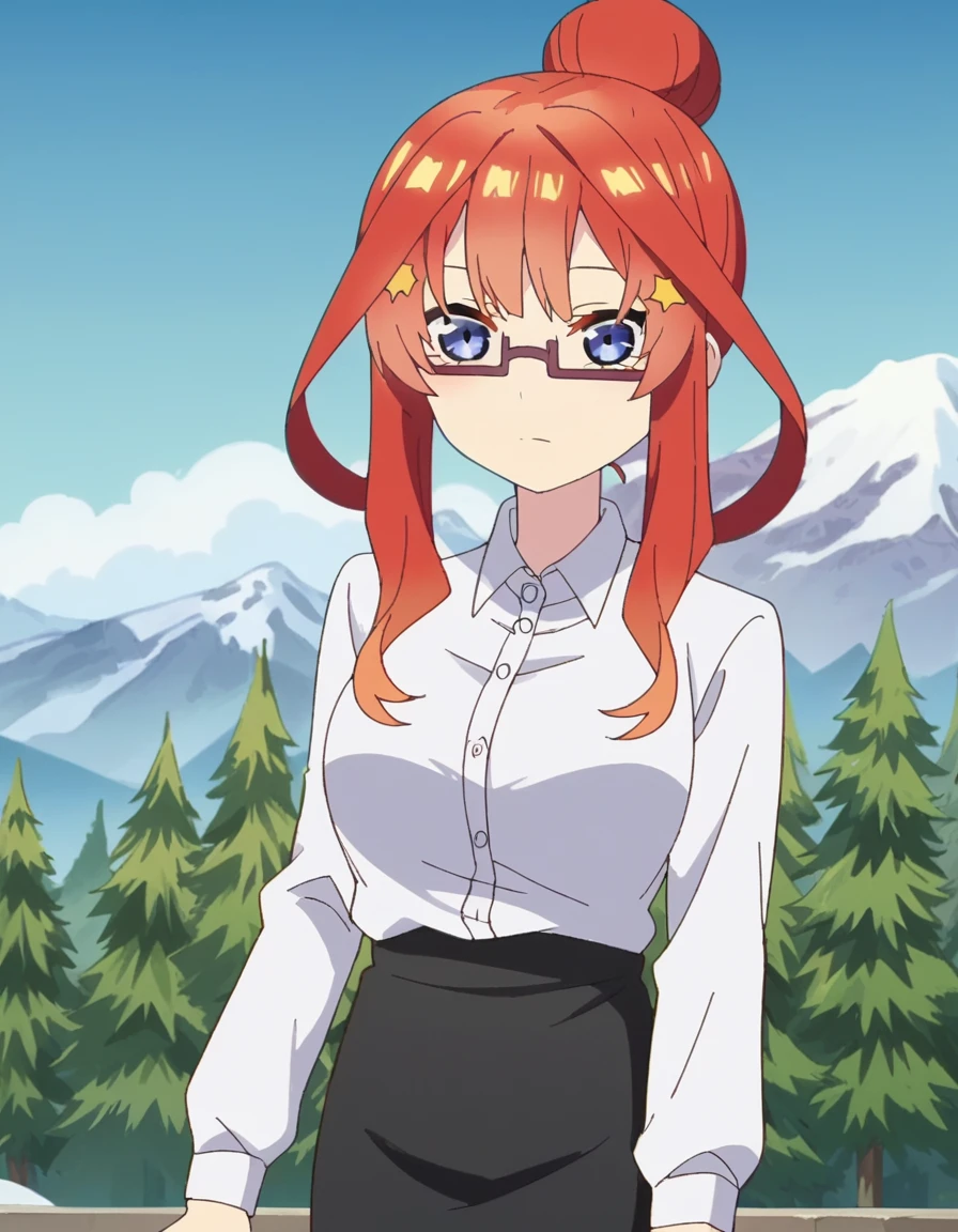 score_9, score_8_up, score_7_up, source_anime, <lora:itsuki-nakano-honeymoon-ponyxl-lora-nochekaiser:1>, itsuki nakano, long hair, blue eyes, hair ornament, red hair, glasses, hair bun, star (symbol), semi-rimless eyewear, under-rim eyewear, star hair ornament, large breasts, anime screencap, skirt, shirt, long sleeves, white shirt, pencil skirt, office lady, black skirt, side slit, mountain, rock, height, snow, trees, , hands on own knees, looking at viewer, solo,, cowboy shot