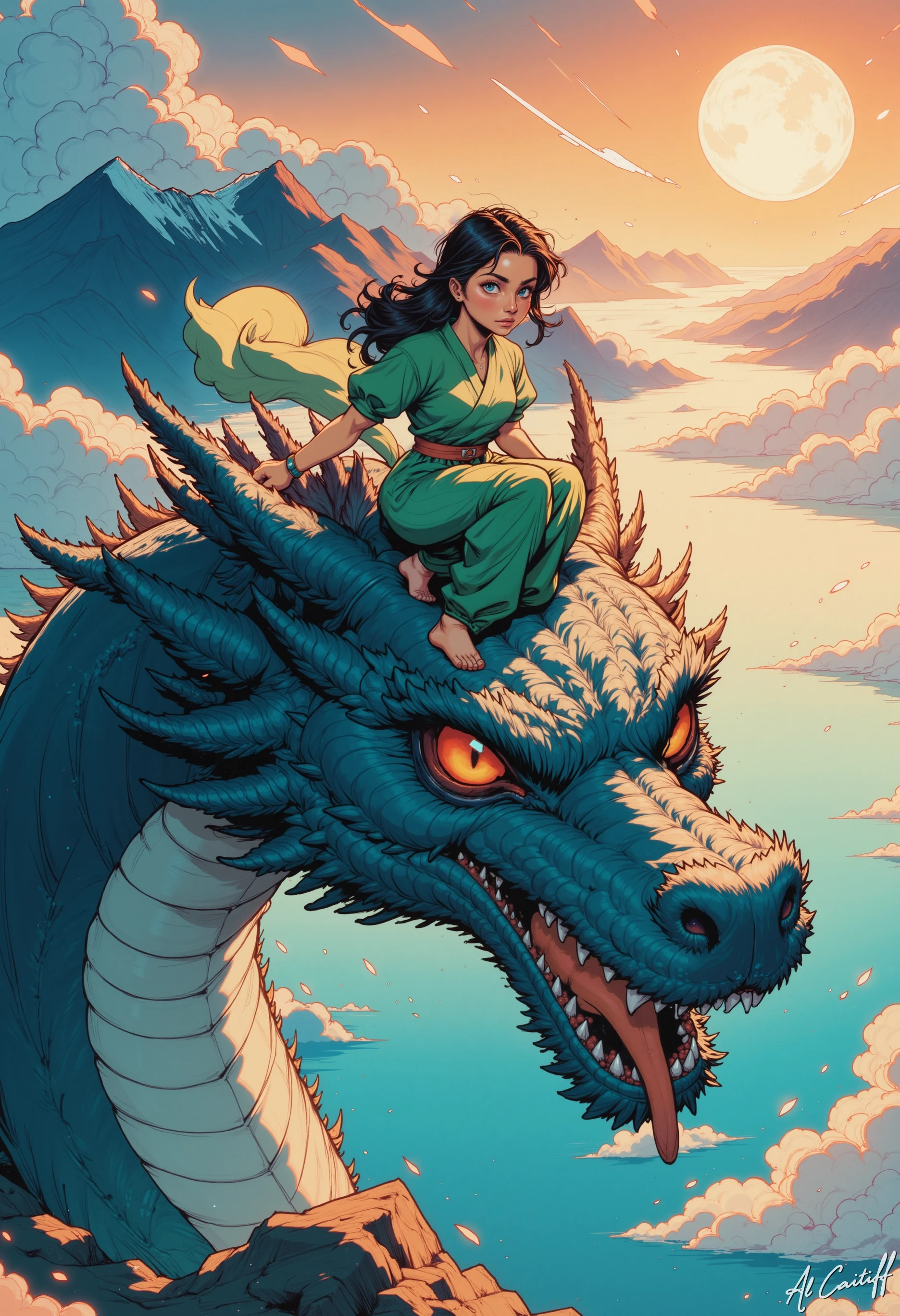 MysticComic, bird's eye dynamic shot up in the blue sky, white clouds and a cinematic image, a young warrior, clad in a flowing, green kimono, crouches atop a majestic, dark-blue chinese dragon head, its scales glistening like polished jewels. The dragon's massive body undulates as it rises from the depths, with glowing orange eyes and a wide, open mouth filled with sharp teeth, clouds of golden dust swirling around it. The warrior, her dark hair wild and wind-tousled, her red eyes blazing with fierce determination, golden light of the setting sun. As she springs into action, the dragon's claws swipe through the air, sending clouds of dust and debris flying in all directions. The warrior's kimono flows behind her like a banner, its folds rippling with the motion of her body. Her feet, grip the dragon's scaly head as she crouches low, her muscles tensed. The image is bathed in a warm, golden light, as if the sun itself is setting behind the dragon, casting long shadows. The style is reminiscent of classic Japanese art, with bold lines and vibrant colors. The camera angle distorted from a bird's eye dynamic shot, as if the viewer is witnessing the action flying in the sky with the woman and the dragon. The style is hyperrealistic, with meticulous detail in the dragon's scales, the woman's clothing, and the surrounding environment. Impressionistic elements appear in the clouds which have a painterly quality. A vibrant, dynamic, and action-filled scene, somewhere between a fantasy adventure and a celestial battle. The sky is a mix of bright blue and puffy white clouds. Include dramatic lighting, a sense of scale, detail in the textures of both the dragon and the mountains, and a feeling of powerful energy.<lora:CustomFlux/MysticComic-v3.safetensors:1.0:1.0>