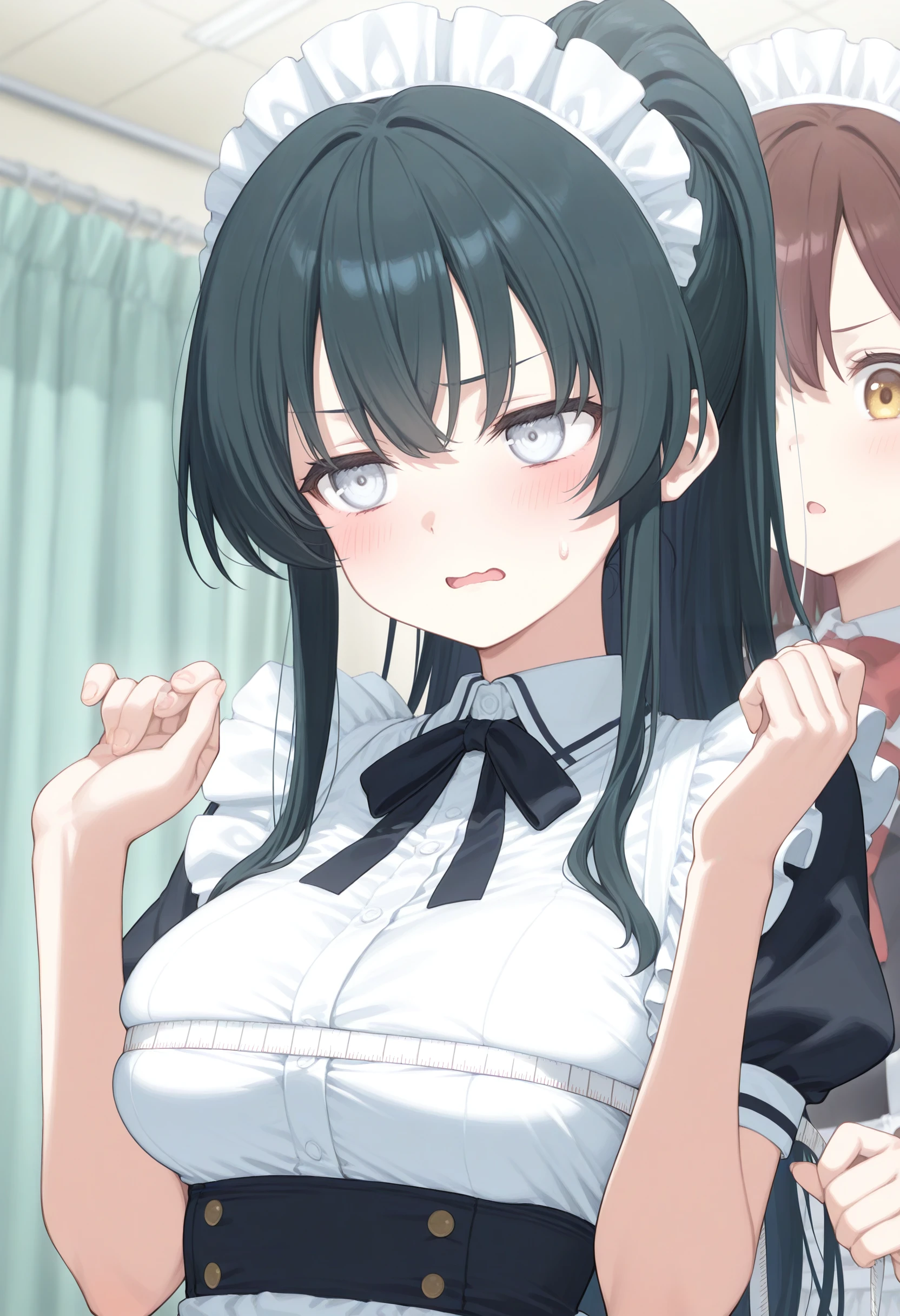 2girls,(sho \(sho lwlw\):0.7),(toosaka asagi:0.5),(sincos:0.3),multiple girls,
masterpiece, best quality, newest, absurdres, CG, anime, source anime, illustration,
maid, maid headdress,medium breasts,
hospital, blush,
bust measuring, tape measure, measuring, hands up, <lora:bustmeasuring_Illust_v1:0.8>
ceiling, upper body, looking up, black hair, white eyes,sulking,open mouth, high ponytail hair,