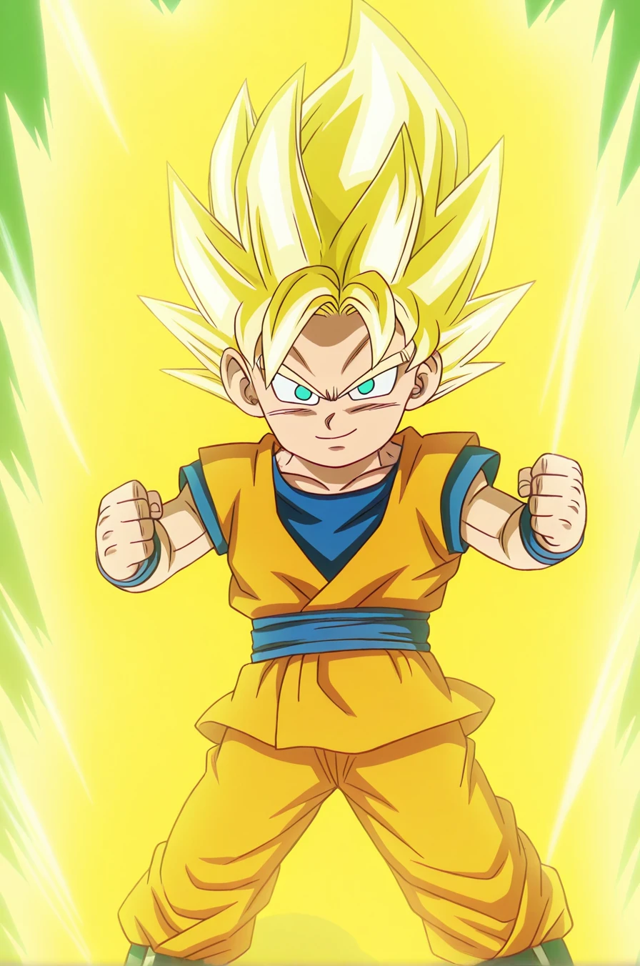 anime coloring, (masterpiece, best quality, very aesthetic, absurdres), <lora:Goku:0.8>, 1boy, solo, goku, child, spiked hair, yellow hair, green eyes, super saiyan, yellow aura, orange tunic, blue wristband, orange pants, serious, standing, looking at viewer, fighting stance, smile, flying, simple background