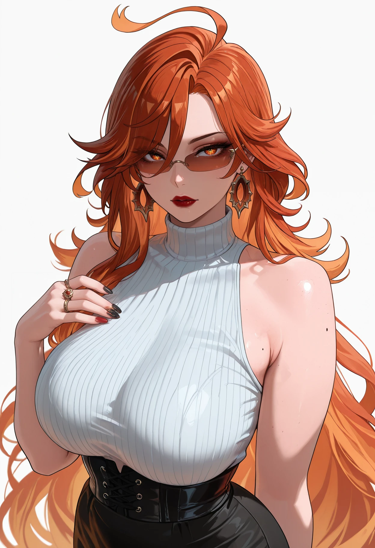 masterpiece,best quality,amazing quality,<lora:mavuika_genshin_impact_ilxl_goofy:1>mavuika, 1girl, mole on body, ahoge,antena hair,jewelry, glasses, earrings, corset, looking at viewer, red nails, ring, bare shoulders, red lips, white background, tinted eyewear, ribbed sweater, mature female,  sleeveless sweater, turtleneck, black nails, black skirt, mole on arm,