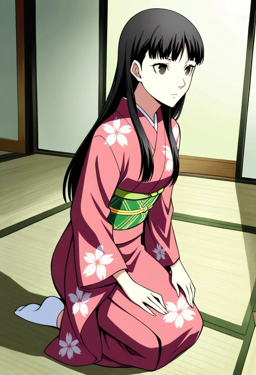 score_9, score_8_up, score_7_up, (source_anime), 1 girl, solo,
p3amagi, yukikokimono, 
Amagi Yukiko, expressionless, kneeling, japanese clothes, pink kimono, floral print, green sash, obi,
indoors, tatami, masterpiece, best quality, ultra detailed, absurdres, very aesthetic