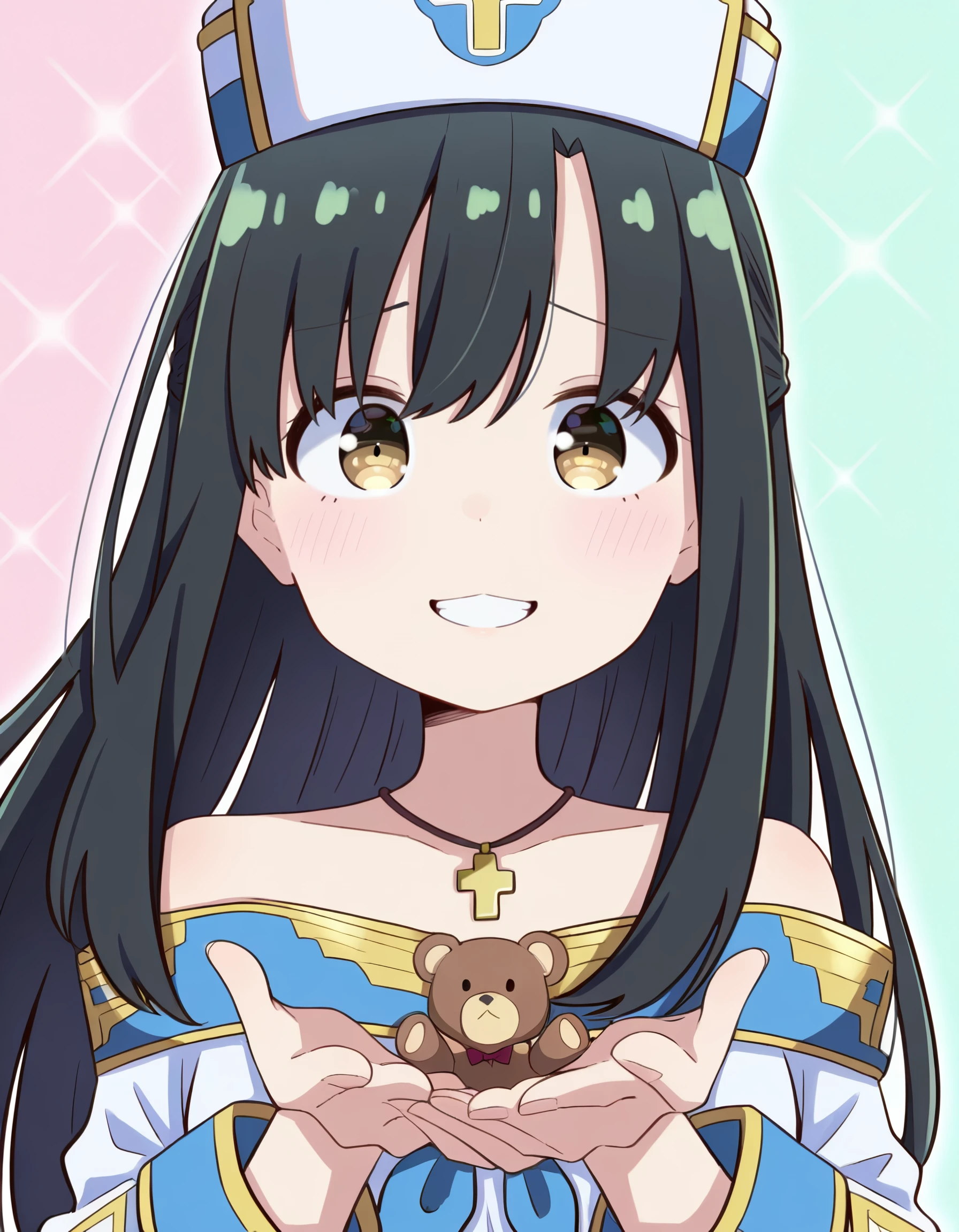 <lora:kaori_shirasaki_il:1> rating:safe, kaori_shirasaki, long_hair, black_hair, hat, brown_eyes, yellow_eyes, jewelry, necklace, long_sleeves, off_shoulder, robe, cross lens_flare, floating_hair, floating_clothes,, (kujou_karasuma:1.1), 1boy, 1girl, :<, aqua_background, blue_neckerchief, gradient_background, grin, hands_up, holding_miniperson, looking_at_viewer, mini_person, miniboy, neckerchief, own_hands_together, pink_background, pixel_text, polka_dot_neckerchief, raised_eyebrow, smile, solo_focus, step-brother_and_step-sister, step-siblings, stuffed_toy, teddy_bear, two-tone_background, (faceless_male, bald), masterpiece, detailed, best_quality