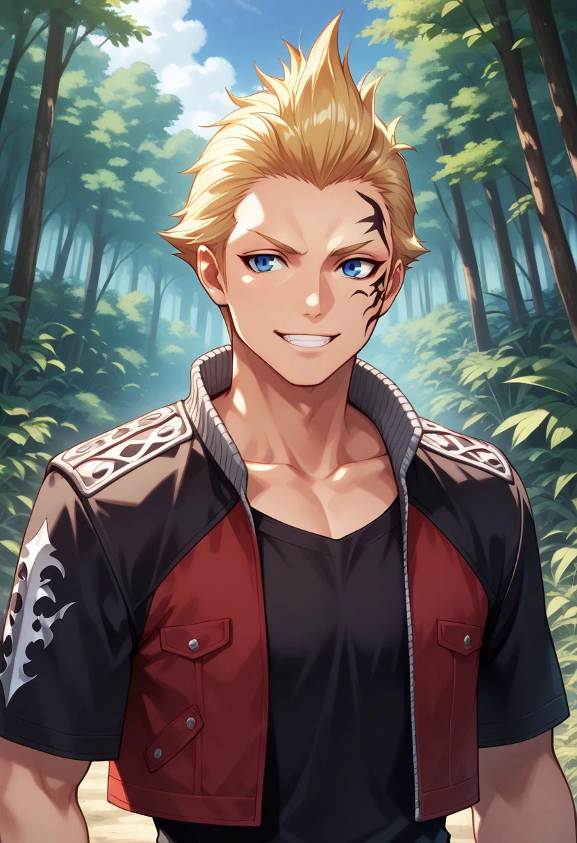 masterpiece, best quality, 
zell, 1boy, male focus, solo, blue eyes, blonde hair, short hair, spiked hair, tattoo, facial tattoo, shirt, black shirt, collarbone, jacket, cropped jacket, multicolored jacker, black and red jacket, short sleeves, open jacket, open clothes, smile, grin
outdoor, nature, sky,