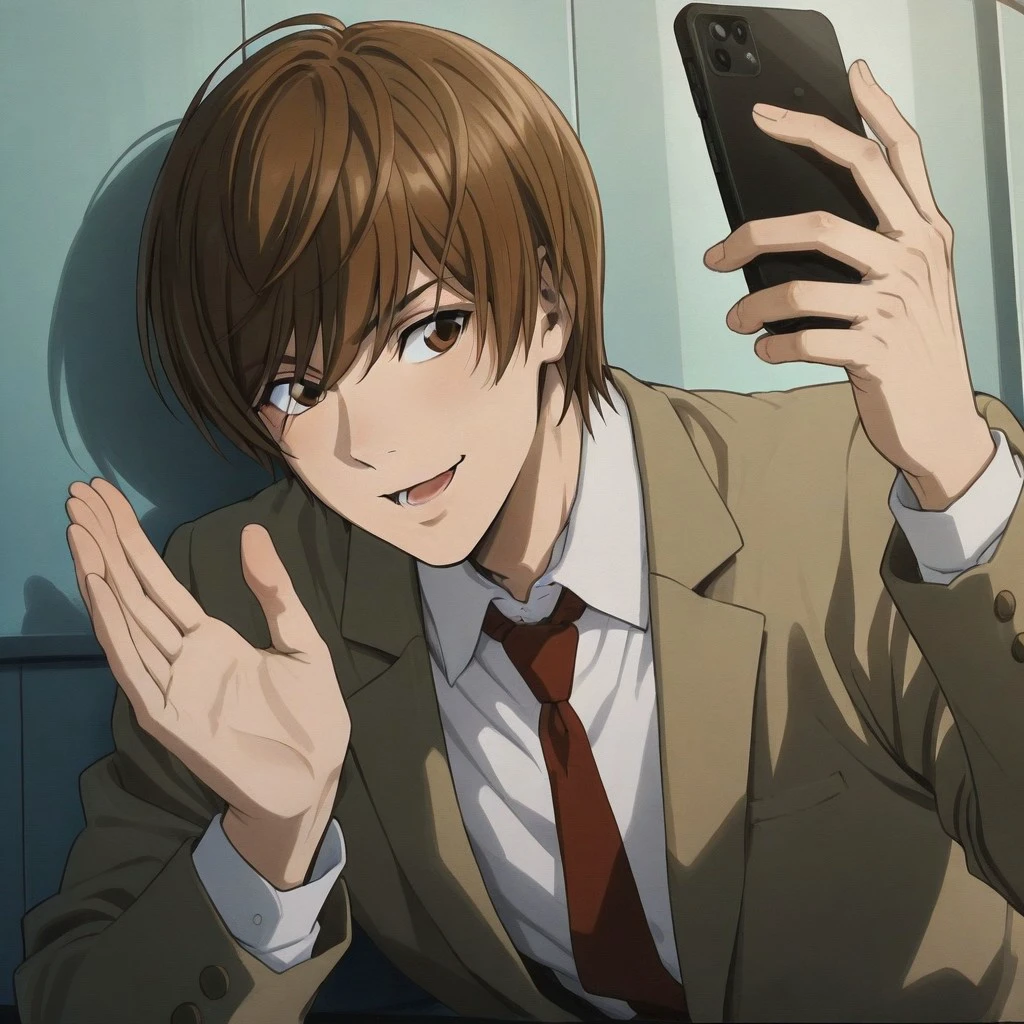 Expressiveh, score_9,score_8_up,score_7_up,verybadimagenegative_v1.3, negative_hand, short hair, brown hair, shirt, long sleeves, 1boy, brown eyes, closed mouth, uniform, jacket, upper body, male focus, necktie, red necktie, Light_Yagami, holding phone, laying down, calling, open mouth, cute, smile