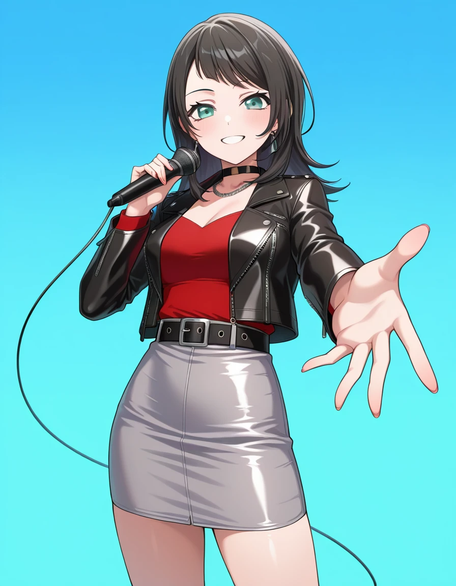 <lora:AveMujica_noobXL:1>, 1girl, solo, cowboy shot, looking at viewer, smile, yahata umiri, simple background, aqua background, gradient background, reaching towards viewer, holding microphone, standing, medium breasts, leather jacket, black jacket, grey skirt, belt, jewelry, black belt, earrings, long sleeves, red shirt, pencil skirt, black choker, open jacket, choker,, very awa, masterpiece, best quality, amazing quality, highres, absurdres, newest
