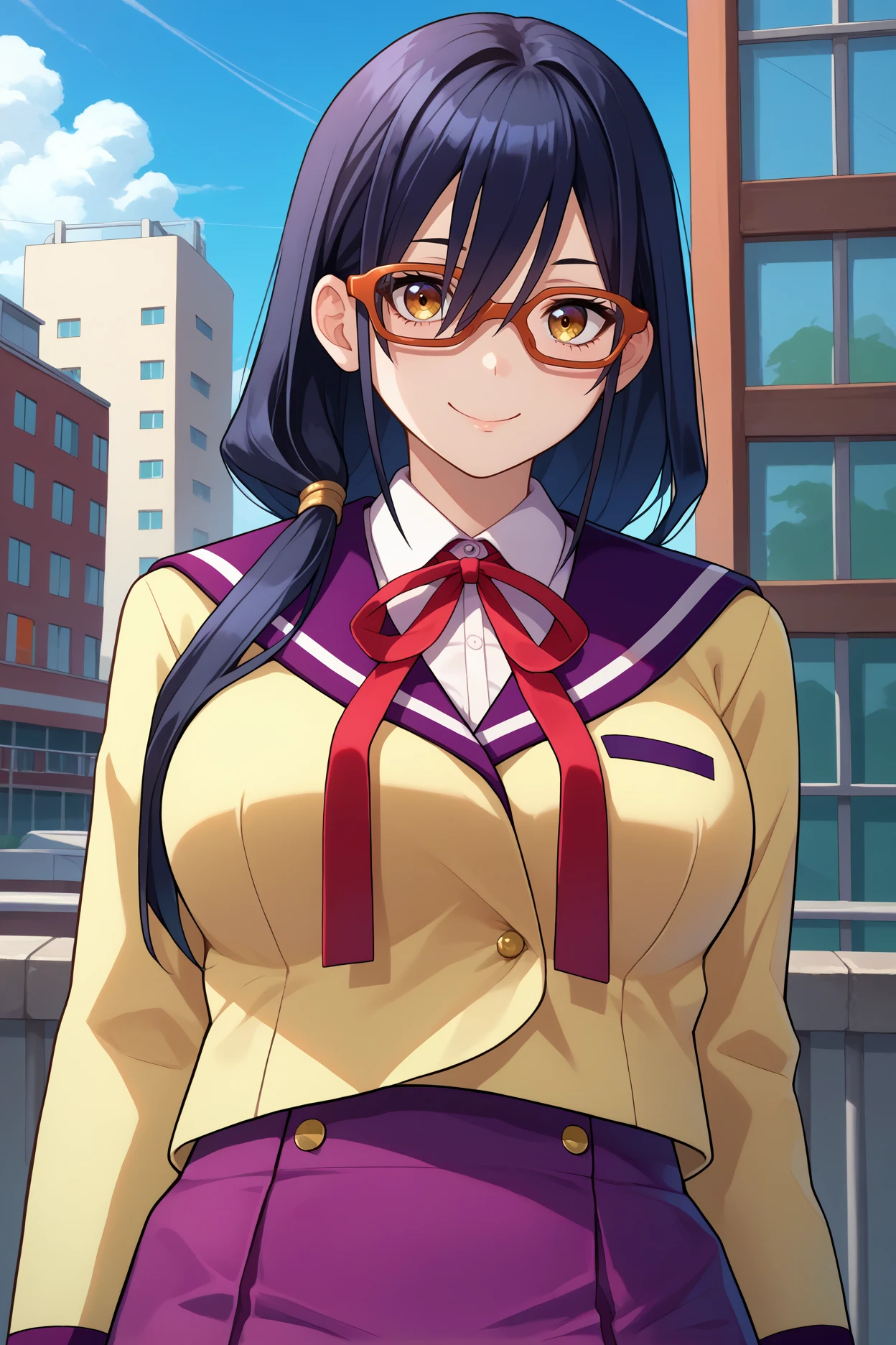 score_9, score_8_up, score_7_up, score_6_up, source_anime, 1girl, solo, <lora:kouenjimiko-pdxl-nvwls-v1-000006:1> kouenjim, black hair, hair over shoulder, long hair, glasses, red-framed eyewear, large breasts, yellow blazer, purple sailor collar, collared shirt, neck ribbon, purple skirt, black pantyhose, upper body, looking at viewer, smile, blue sky, city, portrait