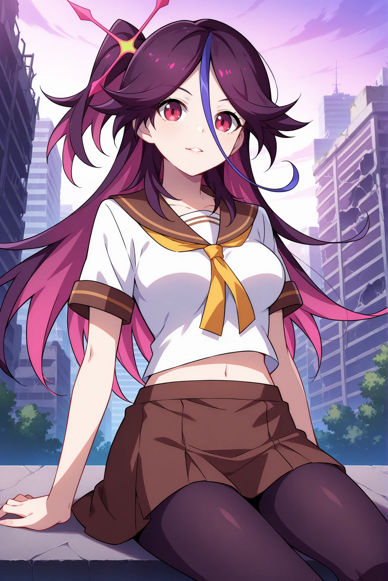 masterpiece, best quality, anime, 2d, 1girl, (slender, anime screencap, medium breasts), solo, houraiji gakuen, <lora:Houraiji-ILXL-V1:1>
BREAK (colored inner hair, purple hair, streaked hair, long hair, hair ornament, parted bangs, hair between eyes, one side up), outdoors, city ruins
BREAK (serafuku, school uniform, midriff, brown miniskirt, pantyhose, white shirt, brown skirt:1.4),
BREAK (looking at viewer, cowboy shot, sitting:1.2), (parted lips, red eyes),