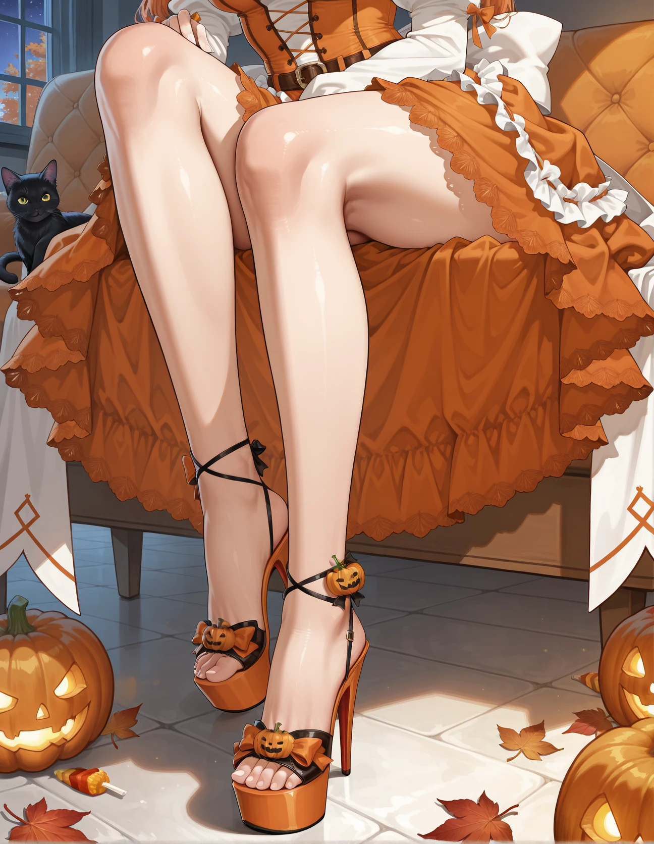 1girl, solo, foot focus, legs, hud_bttrflyh33l, high heels, strappy heels, platform footwear, ((Vibrant)), Jack's Jest, Mischievous ((burnt orange tulle ballgown)), Harvest (pumpkin spice), Pumpkin patch (bodice) with (twisted vine) trim, Billowy (layered tulle skirt) with (black cat appliqués), Frolicsome (puff bishop sleeves) with (candy corn) accents, Swirl of (autumn leaves train), Belt of (enchanted jack-o'-lanterns), Locks adorned with a (trickster's) headband. ,<lora:hud_bttrflyh33l_illust:0.6>,  absurdres, masterpiece, best quality, amazing quality . octane render, highly detailed, volumetric, dramatic lighting