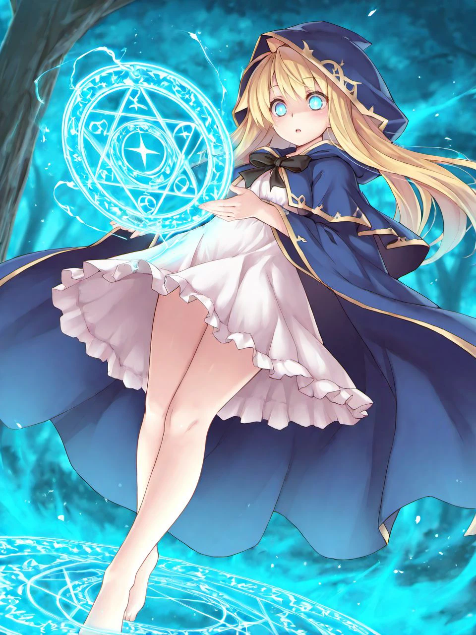 masterpiece, best quality, amazing quality, very aesthetic, high resolution, <lora:fujuu_hime_mofuland_v1_illustrious_epoch_7:0.9>,
fujuuhime, 1girl, blonde hair, blue eyes, floating, magic_circle, glowing_eyes, spellcasting, hooded_cloak, fantasy,