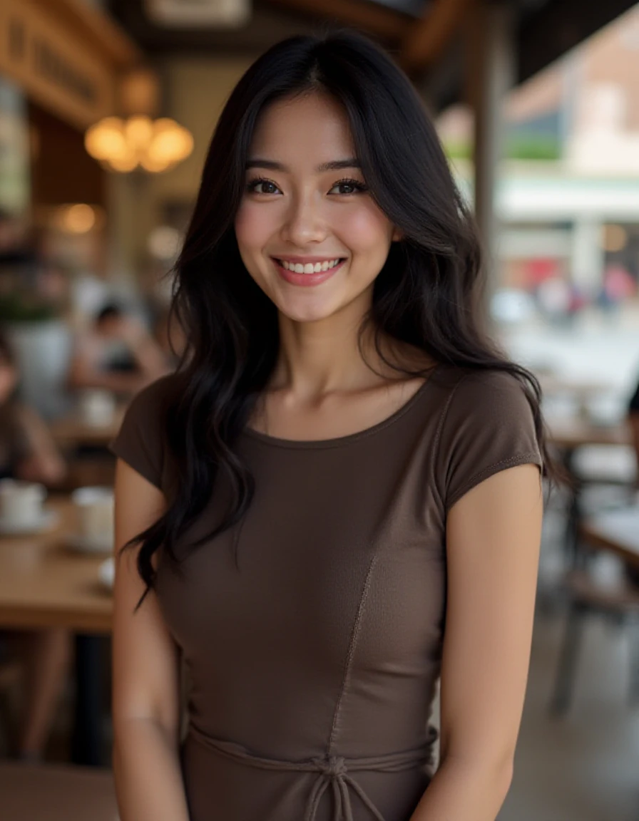 This is a  beautiful photograph of a woman, black hair cascading over her shoulders. She is wearing a boatneck dress, Standing in a cafe. Looking at the viewer. Smile.
