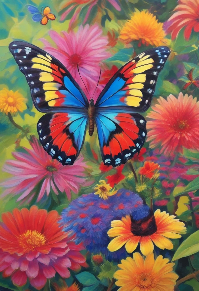 FauvismFacilitator,  Depict a close-up of a butterfly in a lush garden, its wings painted in bright red, purple, and yellow with intricate, chaotic patterns. The garden background is full of colorful, blurry flowers in pinks, blues, and greens, with no clear outlines, creating an almost dreamlike, painterly effect. This image captures the beauty and delicacy of the butterfly in a vibrant, surreal setting.