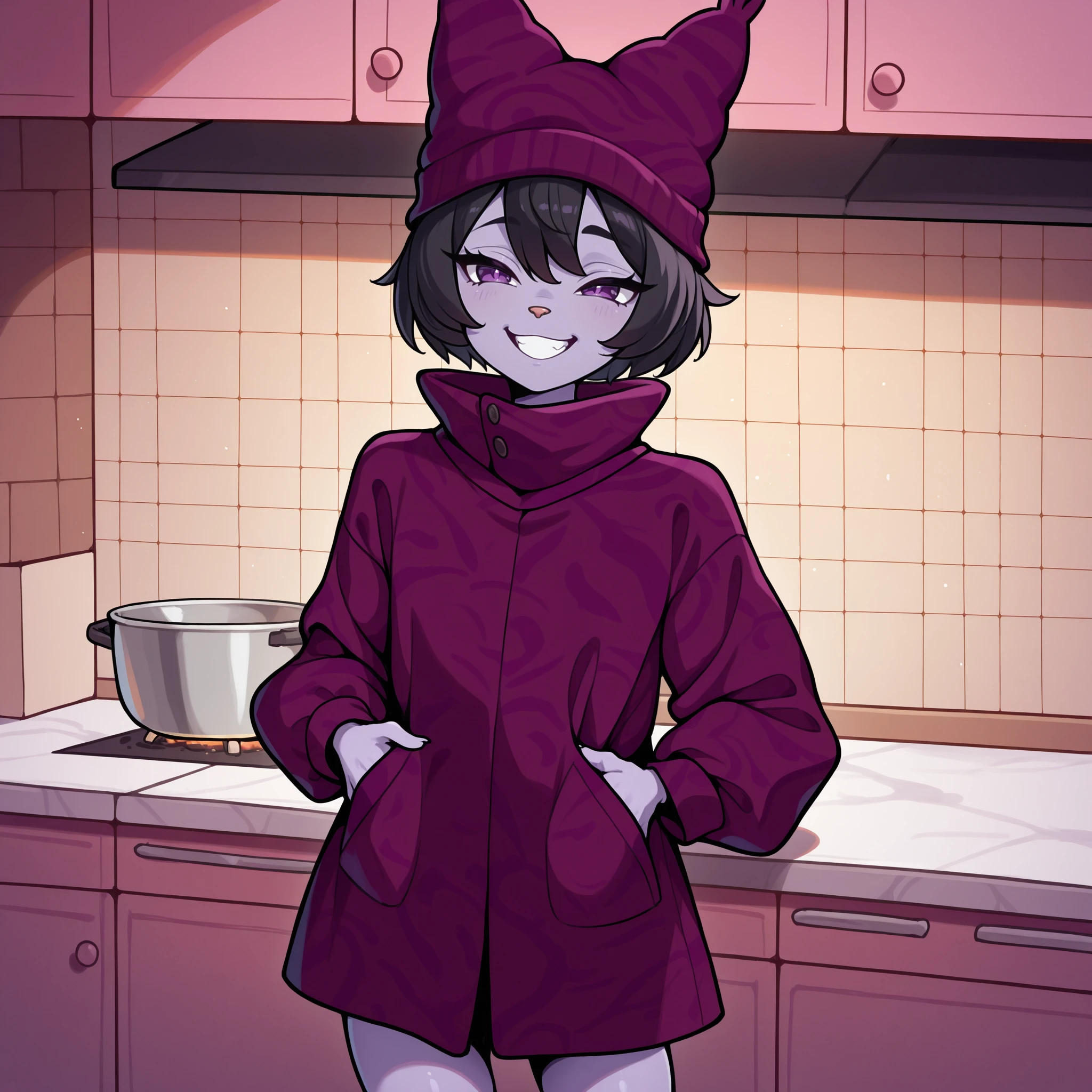 masterpiece, high quality, best quality, newest, chwdr, 1boy, solo, black hair, short hair, kitchen, animal nose, purple skin, grin, beanie, purple coat, purple eyes, cowboy shot, skinny, <lora:ChowderNEWIlluV1:1>