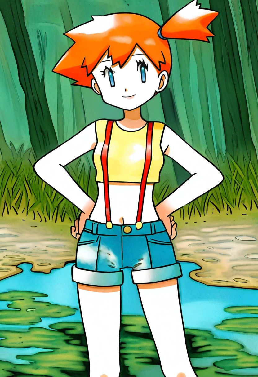 ict style,watercolor \(medium\),misty \(pokemon\), 1girl, solo, blue eyes, orange hair, cowboy shot, standing, side ponytail, short hair, yellow shirt, red suspenders, denim shorts, small breasts, wetland, smile,sleeveless,crop top,masterpiece, best quality, amazing quality, very aesthetic, absurdres <lora:KenSugimoriIllus:1>
