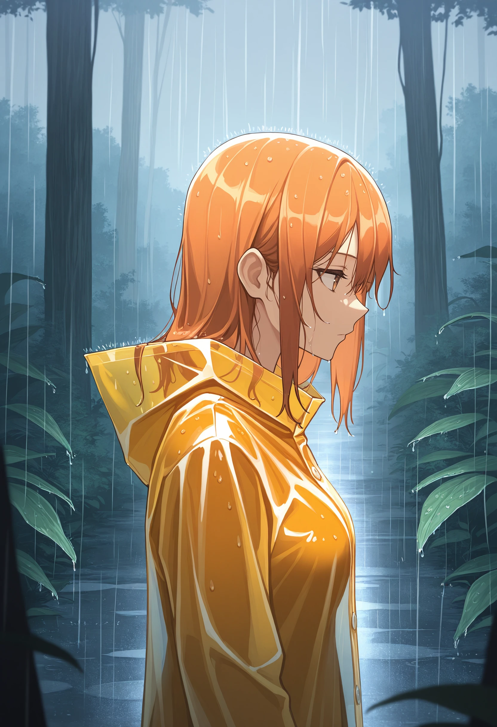 masterpiece, best quality, highly detailed, forest, soft shadows, detailed background, rain,heavy-rain,1girl, upper body, walking, from side, plants, lush vegetation, expressionless, raincoat, orange hair, wet hair, wet
<lora:Rain (Illustrious) v1:1>