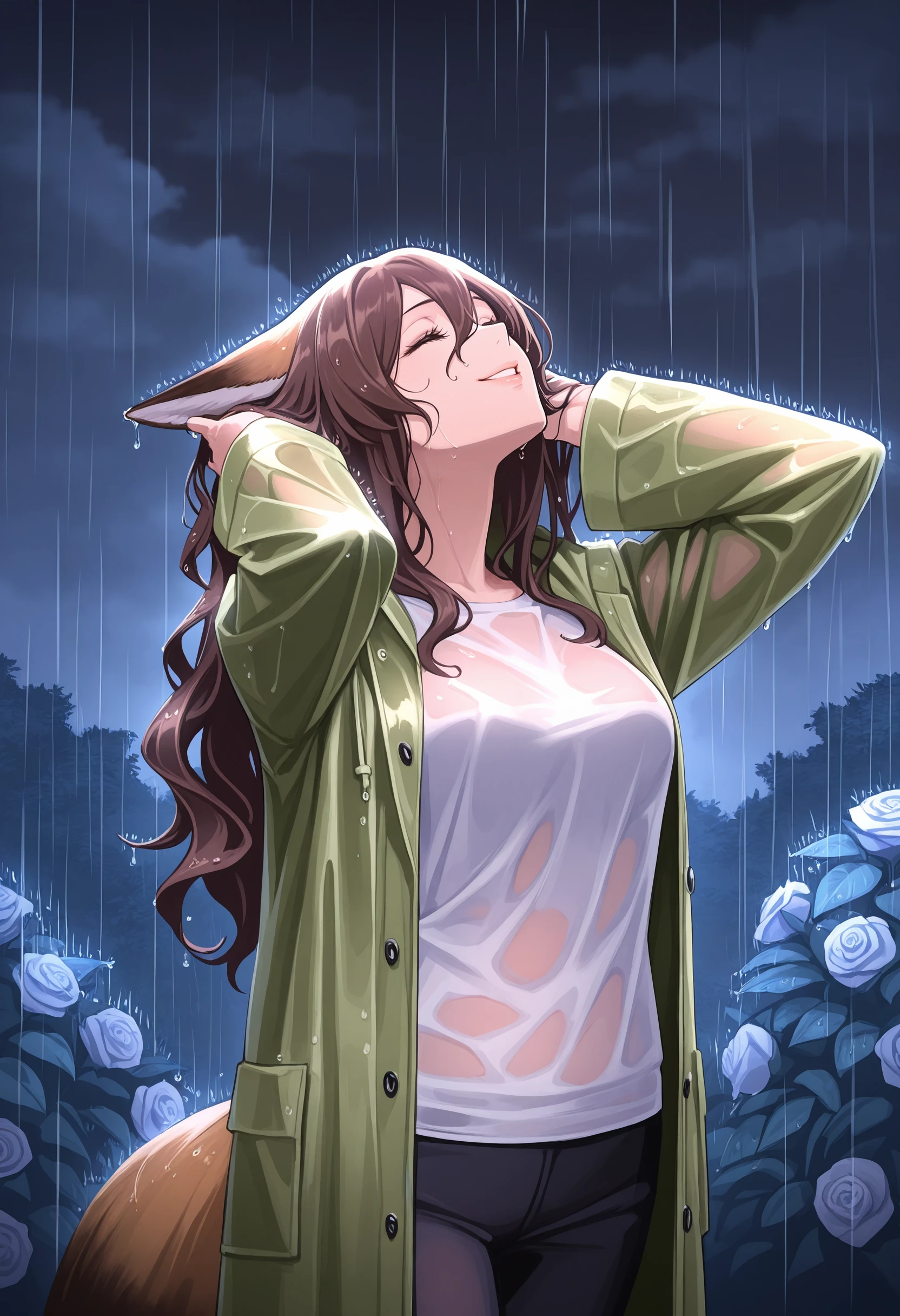 masterpiece, best quality, highly detailed, garden, night, dark, rain,dark background, brown fox tail, heavy-rain,cloudy, mature female,1girl,fox girl, brown fox ears, brown hair,cowboy shot, long hair,wavy hair, outdoors, wet, wet hair,wet clothes,cowboy shot, small breasts, lips, eyelashes,hair between eyes, parted lips, smile,happy, closed eyes, standing, head back, hands in own hair, white t-shirt, long sleeves, wet clothes, roses, garden, pants, looking up, green rain coat
<lora:Rain (Illustrious) v1:1>