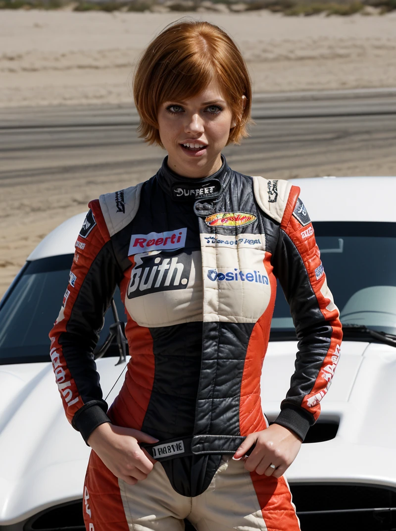 A dynamic cinematic photograph of Candy_Jepsen_P_MXAI , wearing a full race-car driver suit, standing next to a race-car, winking expression,