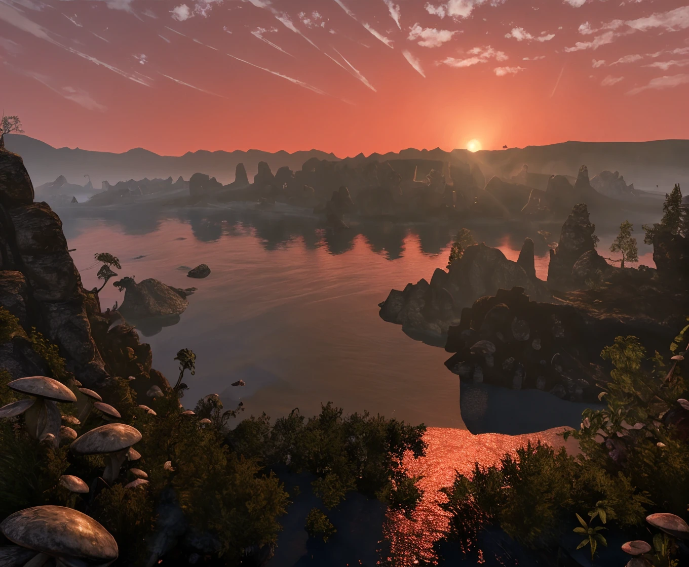 RAW photo, (masterpiece:1.3), subsurface scattering, heavy shadow, (high quality:1.4), (intricate, high detail:1.2), professional photography, HDR, High Dynamic Range, realistic, ultra realistic, photorealistic, high resolution, film photography, ambient lighting, atmospheric effects, <lora:detail_slider_v4:2>, OverallDetail, <lora:Morrowind:1>, Morrowind, landscape, the coast, water, trees, giant mushrooms, dusk, dust in the air, red sky, , epiCPhoto