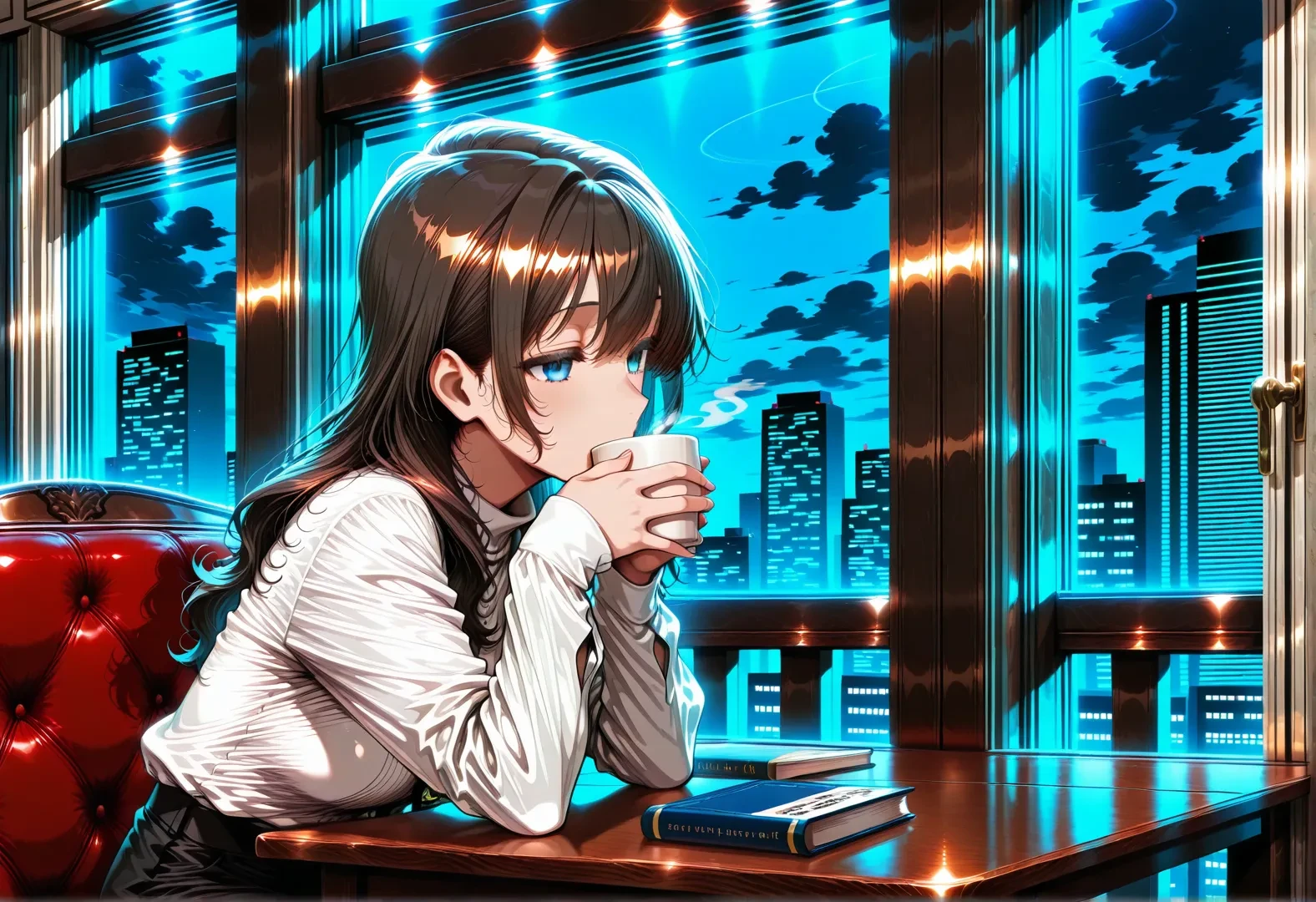 1girl,
1girl, drinking coffee, sitting at café table, book, window, rainy cityscape, solo, long sleeves,,
 <lora:fav_Mature_Ver3.0:1>, masterpiece, best quality, very aesthetic, absurdres, newest ,, <lora:dmd2_sdxl_4step_lora_fp16:1>,