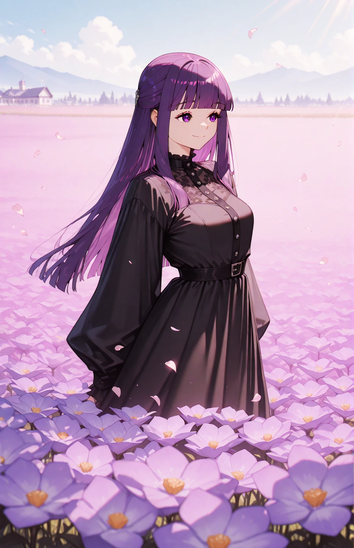 perfect quality,high quality,masterpiece,best quality,amazing quality,very aesthetic,absurdres,Cinematic Lighting,newest,Tactical use of shadow,
FERNCYQL,1girl,solo,purple hair,blunt bangs,straight hair,sidelocks,purple eyes,long hair,
flower,dress,petals,whiteflower,blackdress,skirthold,outdoors,blurry,standing,longsleeves,lookingatviewer,depthoffield,blurryforeground,scenery,closedmouth,day,puffysleeves,building,field,sunlight,frills,lolitafashion,flowerfield,smile,
<lora:ponyv4_noob1_2_adamW:0.7>,<lora:NoctFlatStyleIllustrious:0.7>,<lora:wl-illV1:0.8>,<lora:USNR STYLE_XL_loha:0.45>,usnr,<lora:FERN_Illustrious by Cyql:1>,