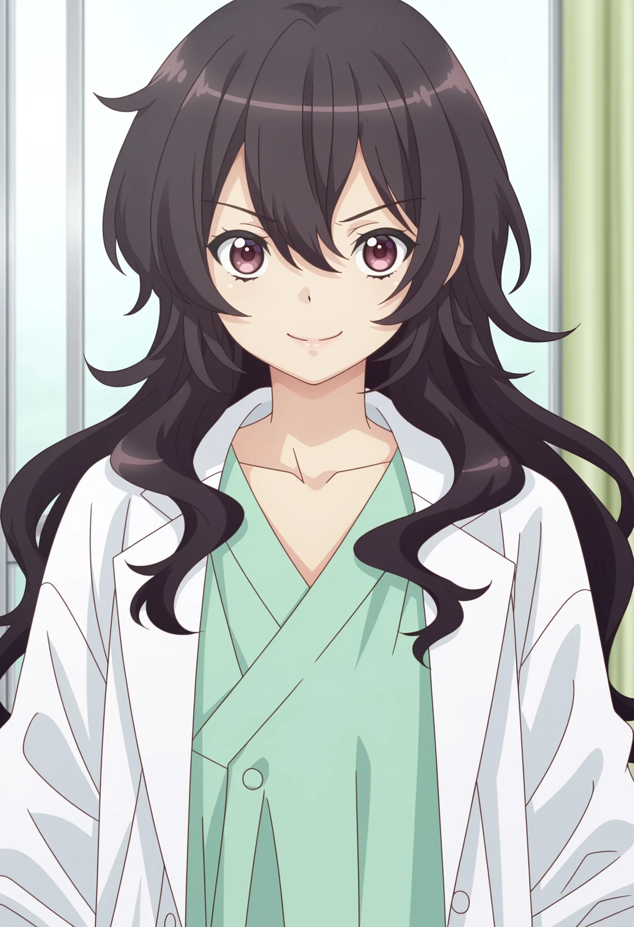 (best quality:1.1),ultra-detailed,high resolution,super detailed skin,beautiful detailed eyes,8k,sharp focus,beautiful,beautiful eyes,anatomically correct,anatomically correct face,extremely detailed eyes,smooth edges,beautiful face,symmetrical eyes,symmetrical face,smile,
AMEKU_TWO,solo,black hair,long hair,green shirt,kimono,hair between eyes,upper body,closed mouth,looking at viewer,lab coat,wavy hair,collarbone,<lora:AMEKU_illustrious-000020:1>