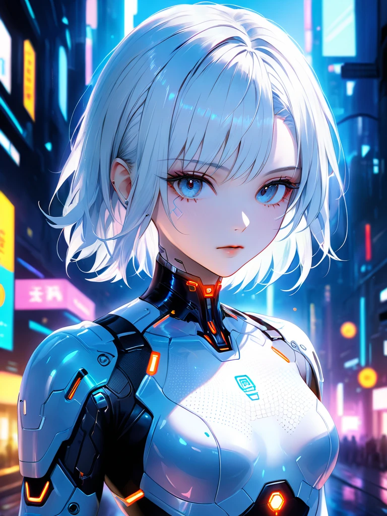 (masterpiece,best quality:1.3),ultra realistic,32k,RAW photo,(high detailed skin:1.2), 8k uhd, soft lighting, high quality, film grain,
masterpiece, best quality, science_fiction, in the cyberpunk city, 1girl, solo, looking at viewer, blue eyes, expressionless, cyborg, medium breasts, medium hair, silver hair, skin tight, translucent skin