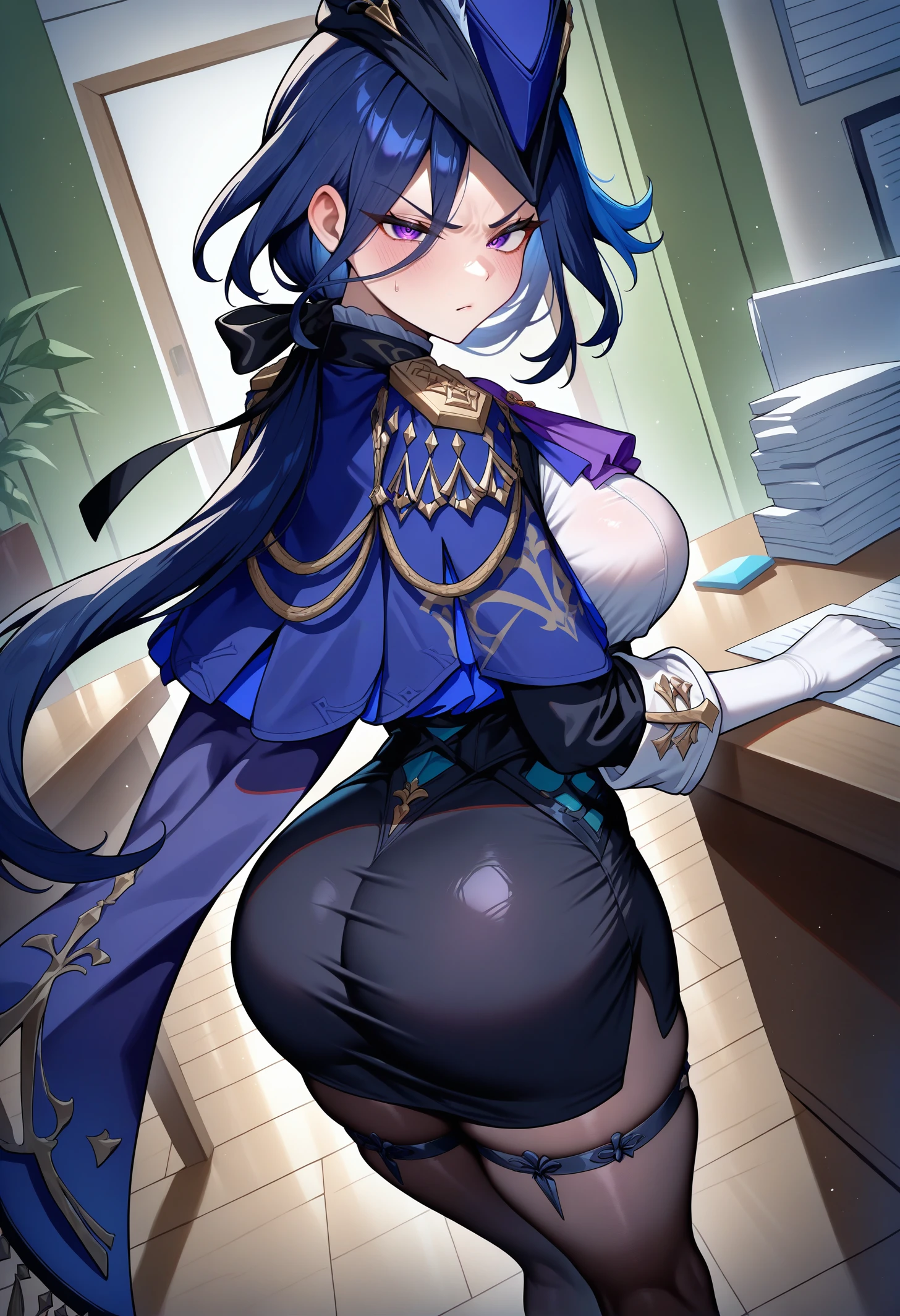 masterpiece, best quality, newest, absurdres, highres, 1girl, clrnddf, purple eyes, dark blue hair, long hair, low ponytail, large breasts, jewelry, hat feather, blue headwear, epaulettes, tricorne, white shirt, purple ascot, framed breasts, blue cape, corset, white gloves, elbow gloves, black skirt, pencil skirt, high-waist skirt, black pantyhose, thigh strap, <lora:Clorinde_illusXLNoobAI_Incrs_v1-000012:1>,
from behind, looking at viewer, dutch angle, annoyed, blush, indoors, office,